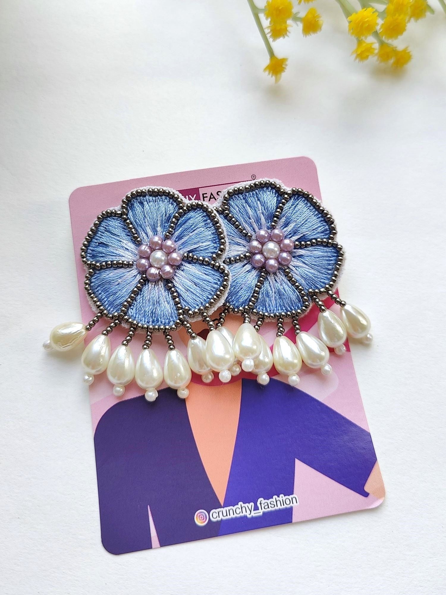 Sky-Blue Beaded Blooms: Handcrafted Floral Stud Earrings for Trendy Women