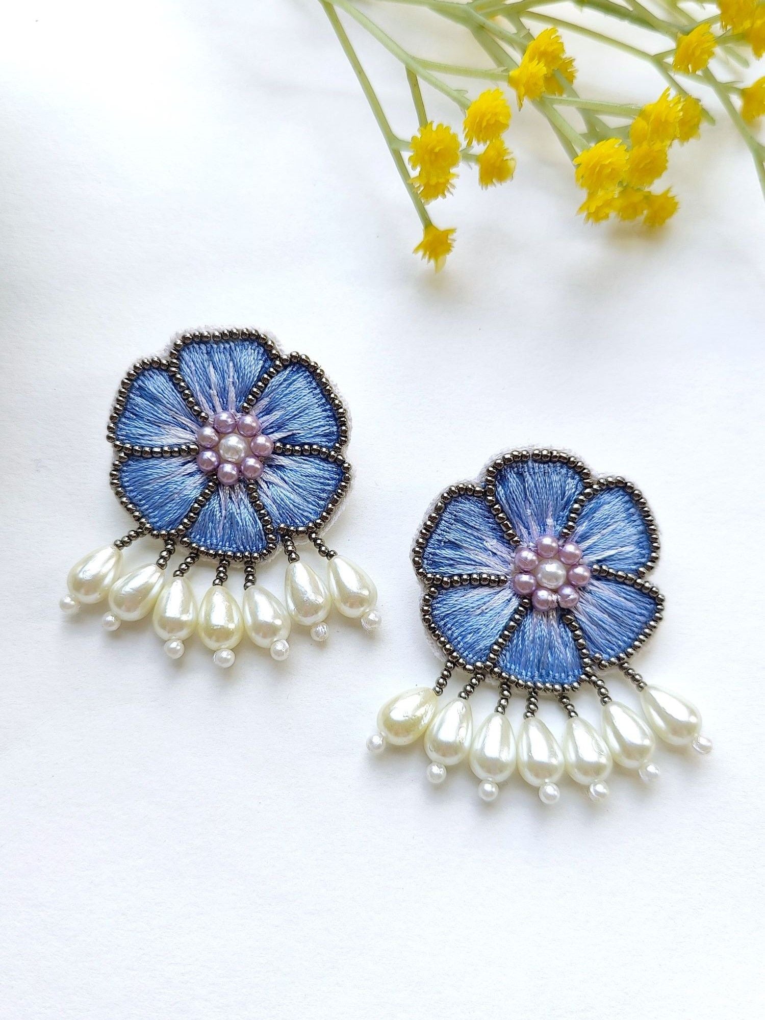Sky-Blue Beaded Blooms: Handcrafted Floral Stud Earrings for Trendy Women