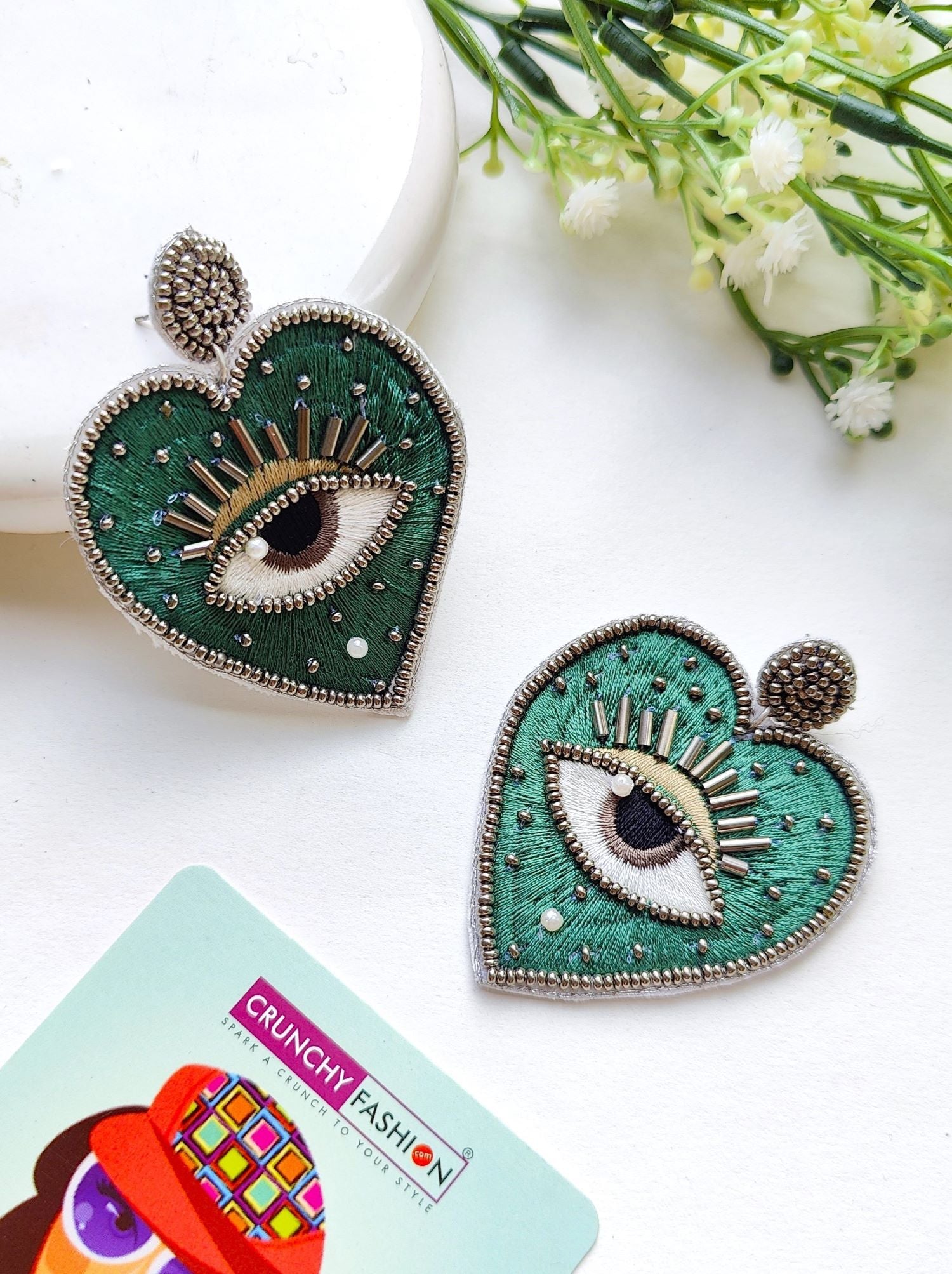 Charming Boho Green Evil Eye Heart Beaded Earrings - Handmade Fashion Statement for Women