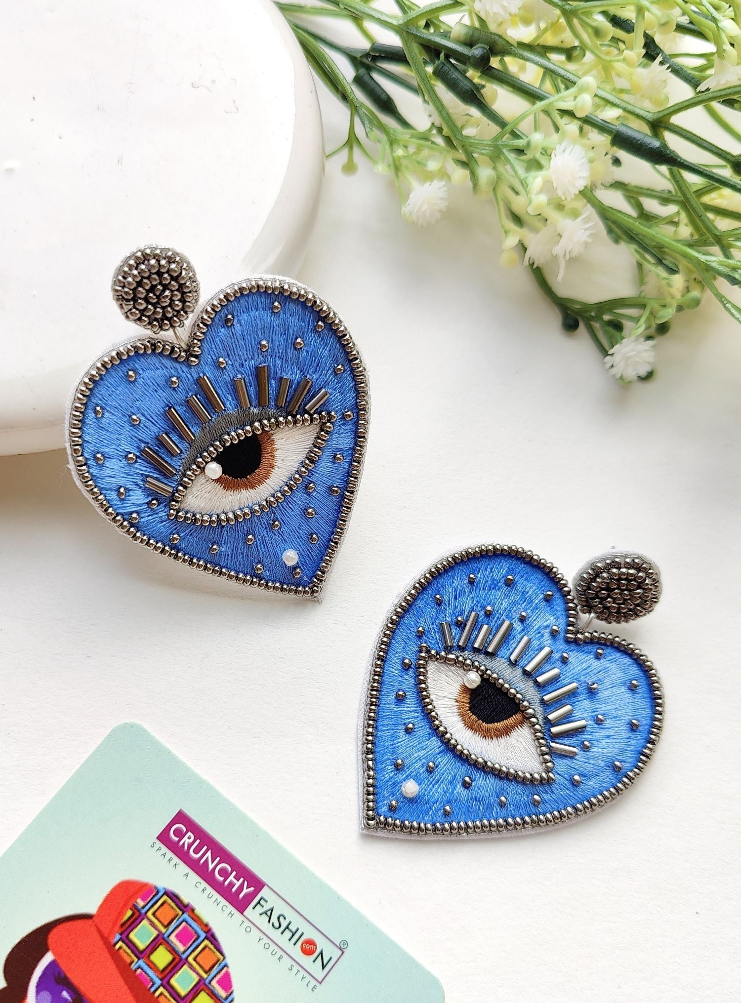 Sky-Blue Love Gaze: Handmade Evil Eye Heart Earrings