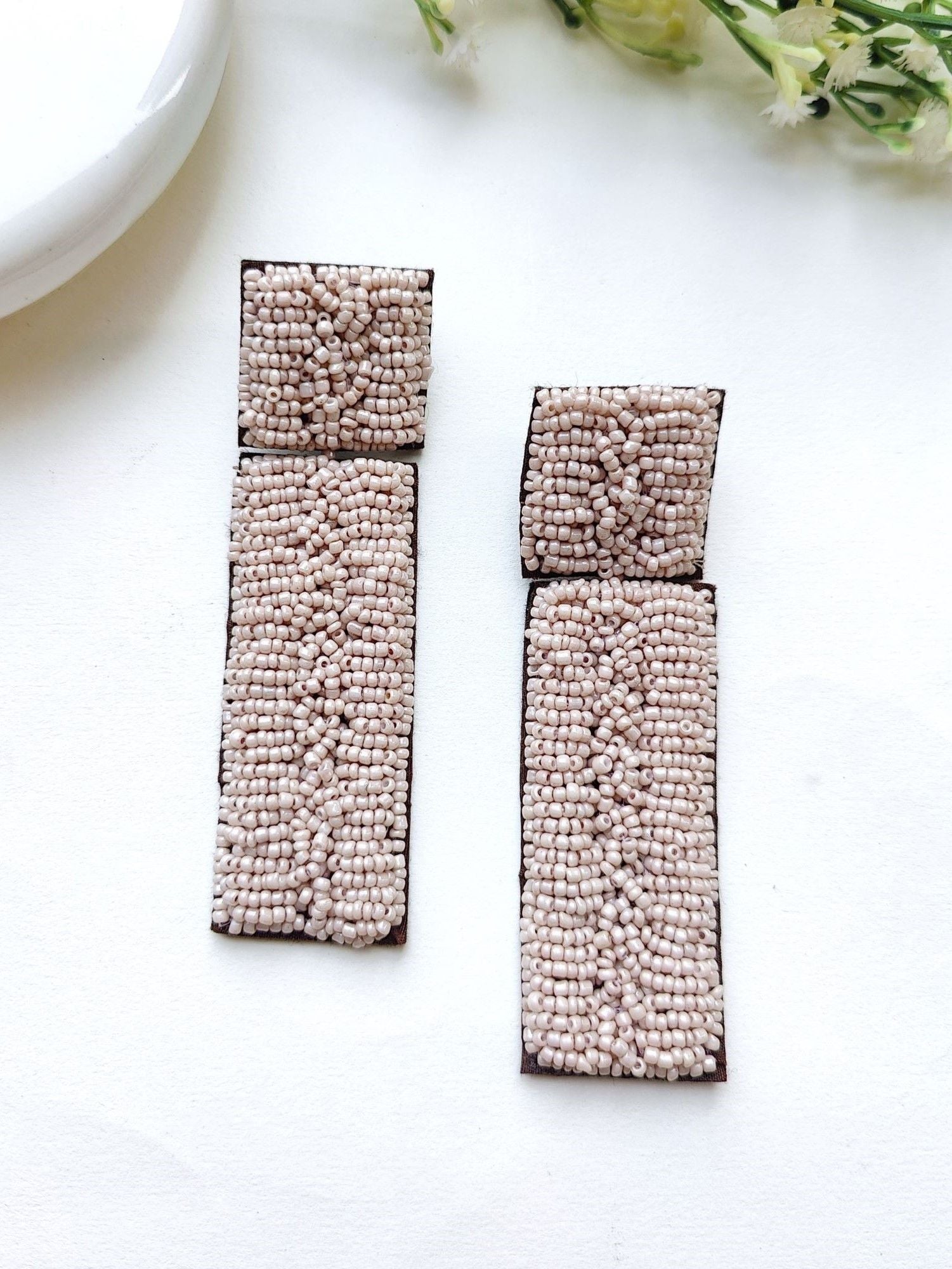 Graceful Stripes: Handmade Beaded Rectangular Danglers for Fashionable Women