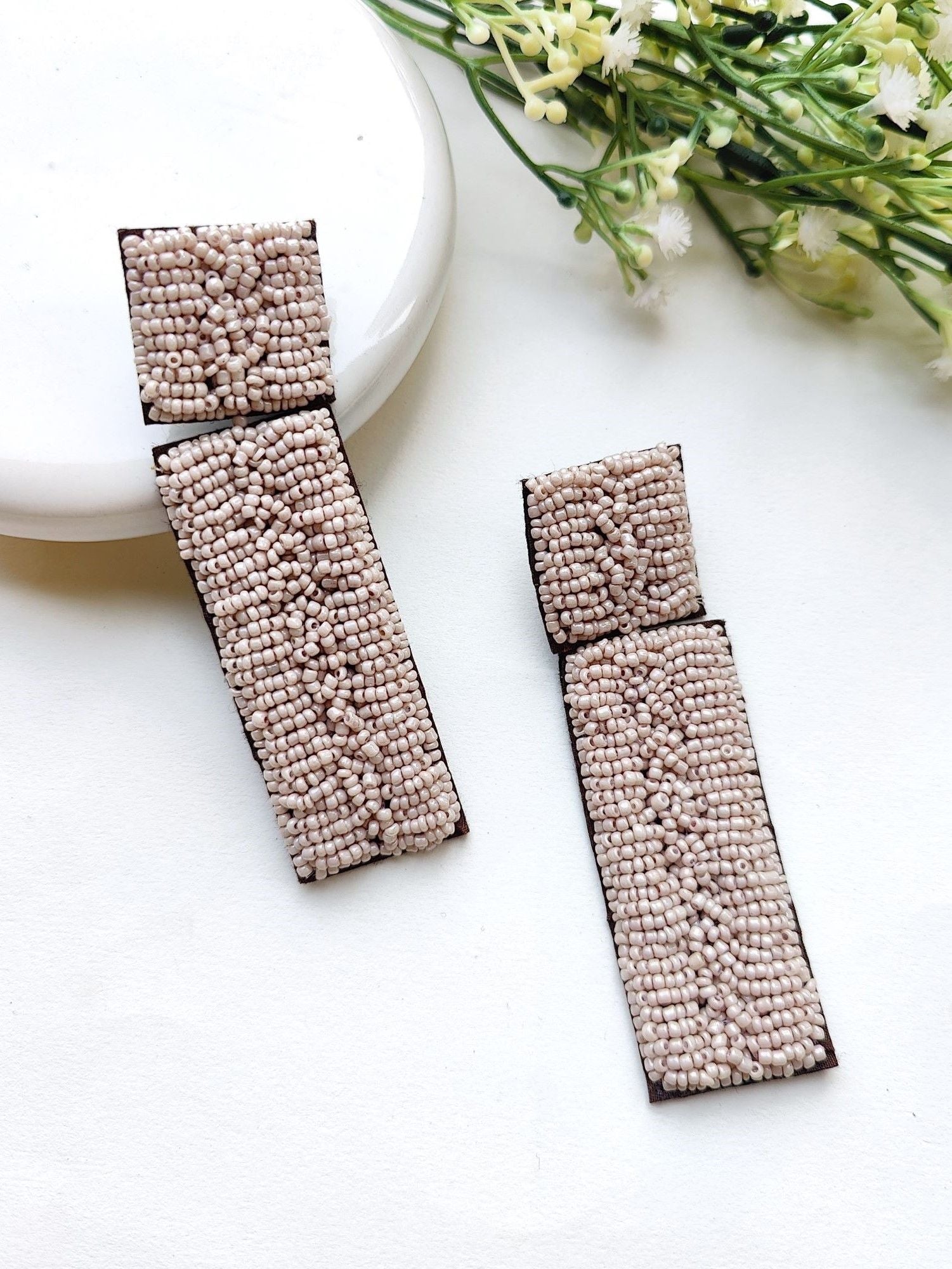 Graceful Stripes: Handmade Beaded Rectangular Danglers for Fashionable Women