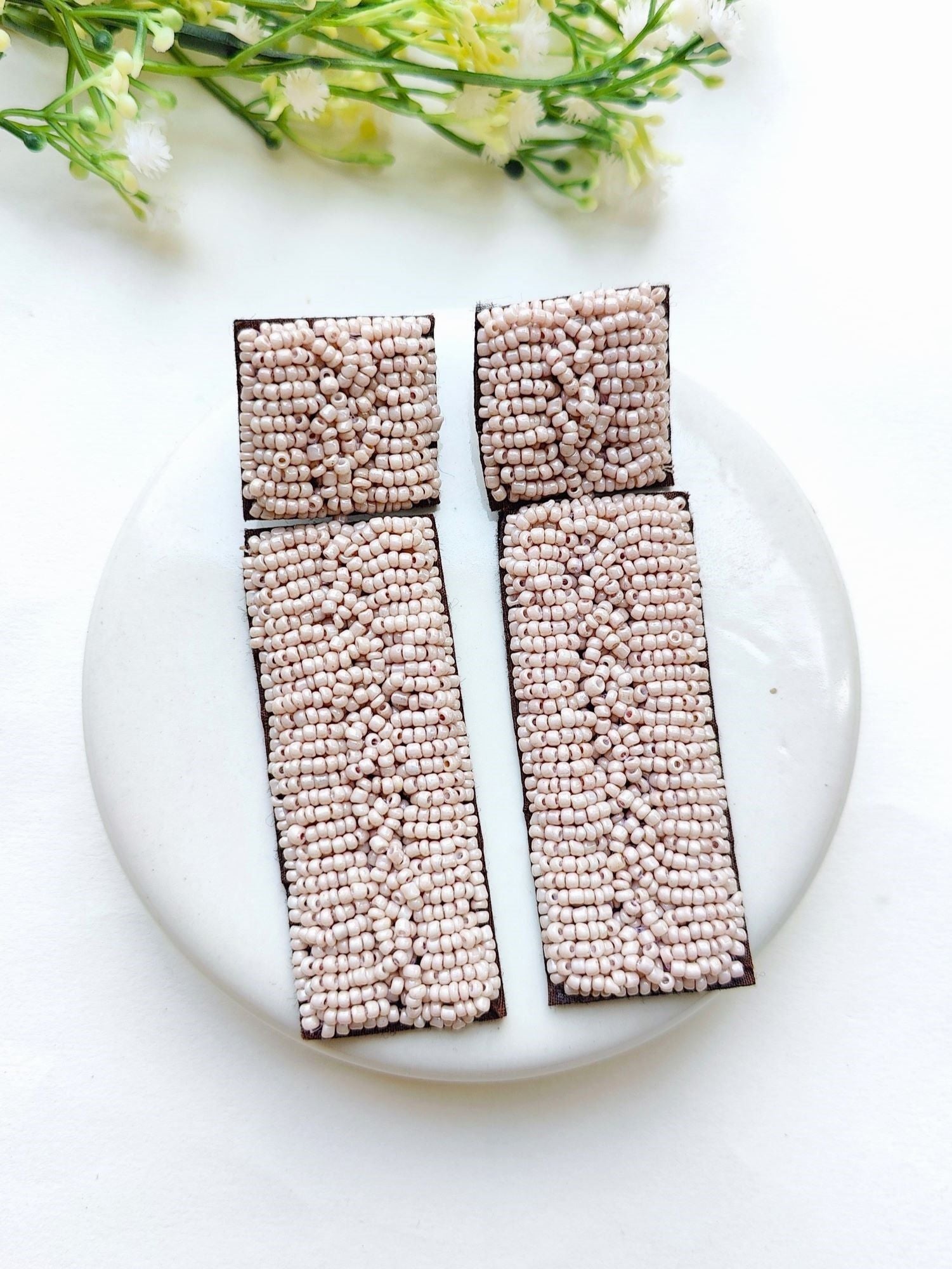 Graceful Stripes: Handmade Beaded Rectangular Danglers for Fashionable Women