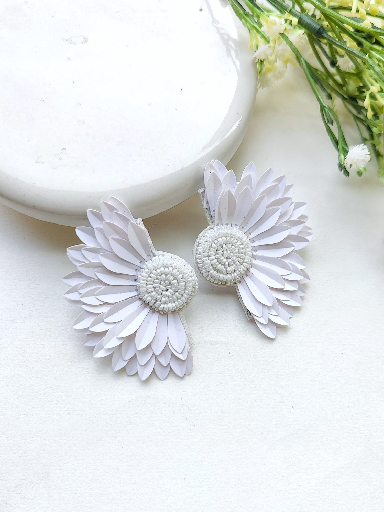 Handicraft's Whimsical White Beaded Half-Flower Earrings for Fashionistas