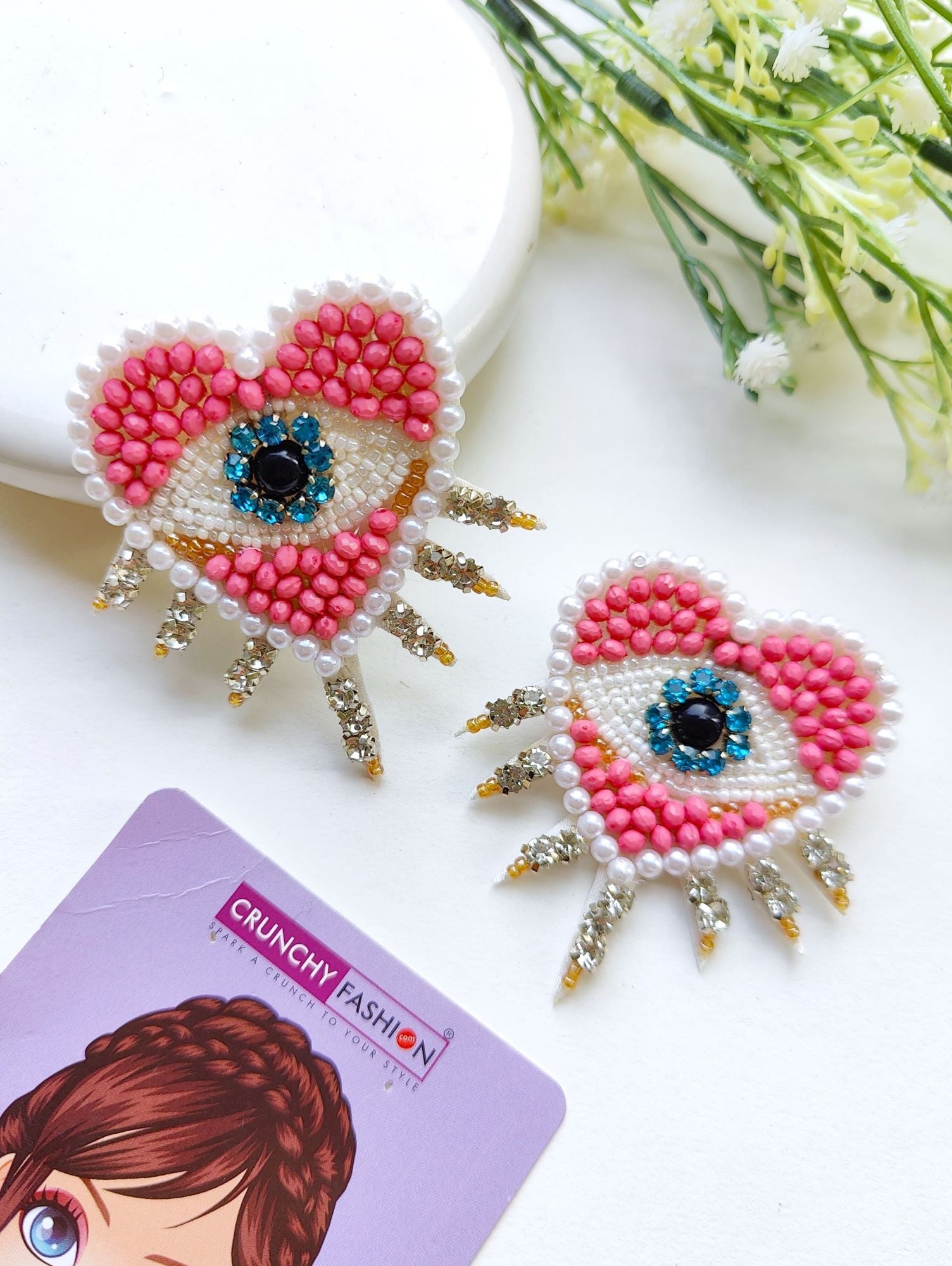 Trendy Pink-White Evil Eye Heart Handmade Earrings for Fashionable Women and Girls