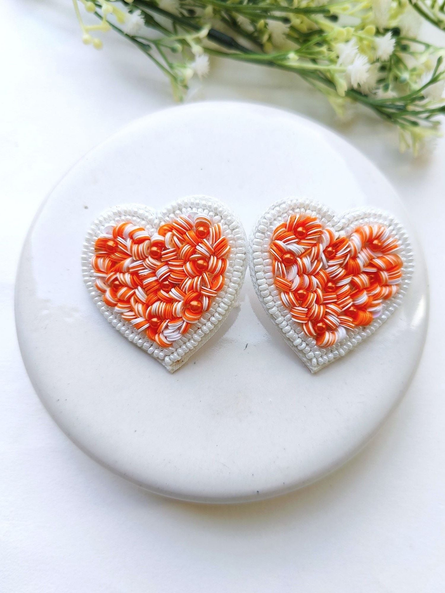 Zodiac Collection: Orange Splendor Heart-Shaped Handcrafted Stud Earrings