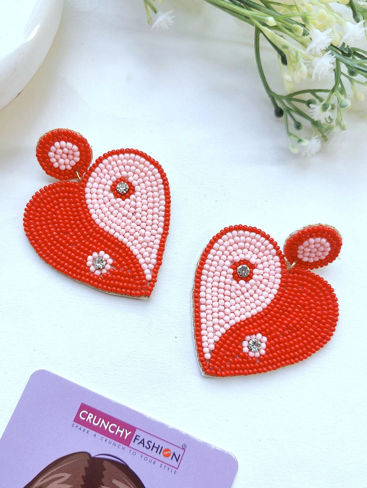 Charming Fusion of Red-Pink Heart & Boho Beads Earrings - A Perfect Valentine's Day Gift