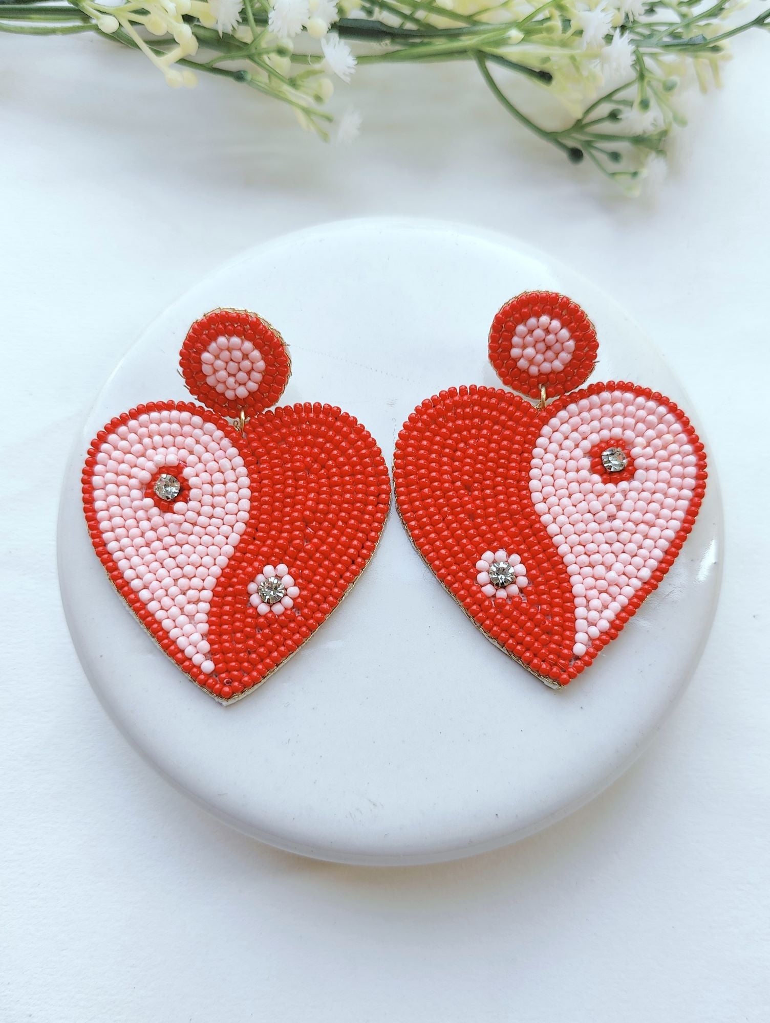 Charming Fusion of Red-Pink Heart & Boho Beads Earrings - A Perfect Valentine's Day Gift