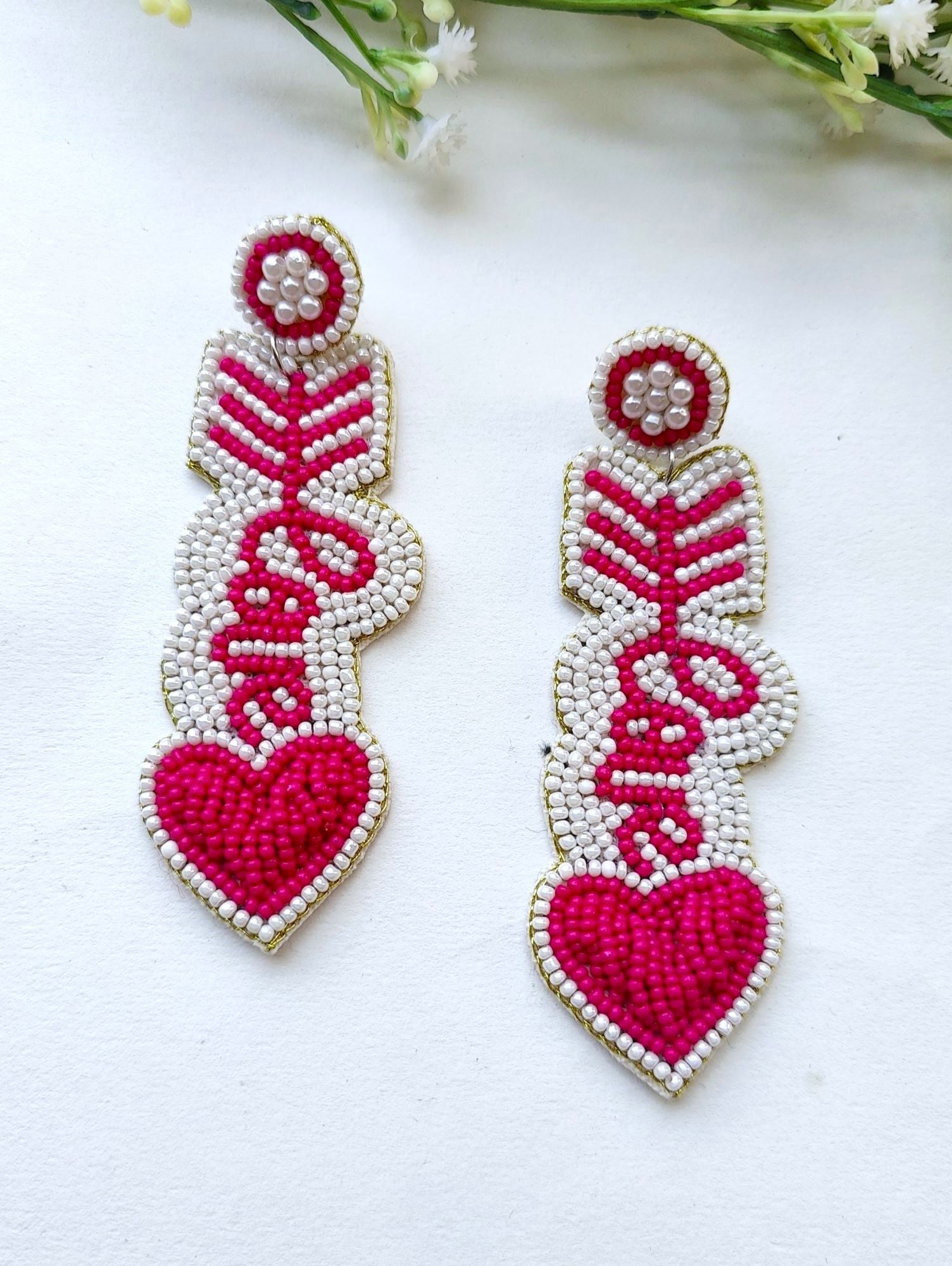 Chic Valentine: Handcrafted Pink & White Heart-Themed Beaded Studs