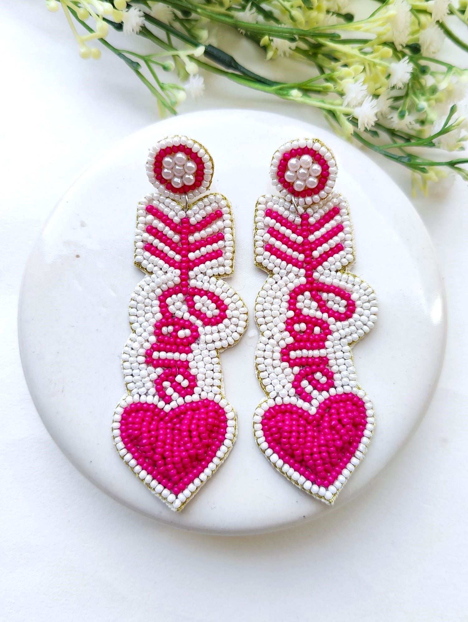 Chic Valentine: Handcrafted Pink & White Heart-Themed Beaded Studs