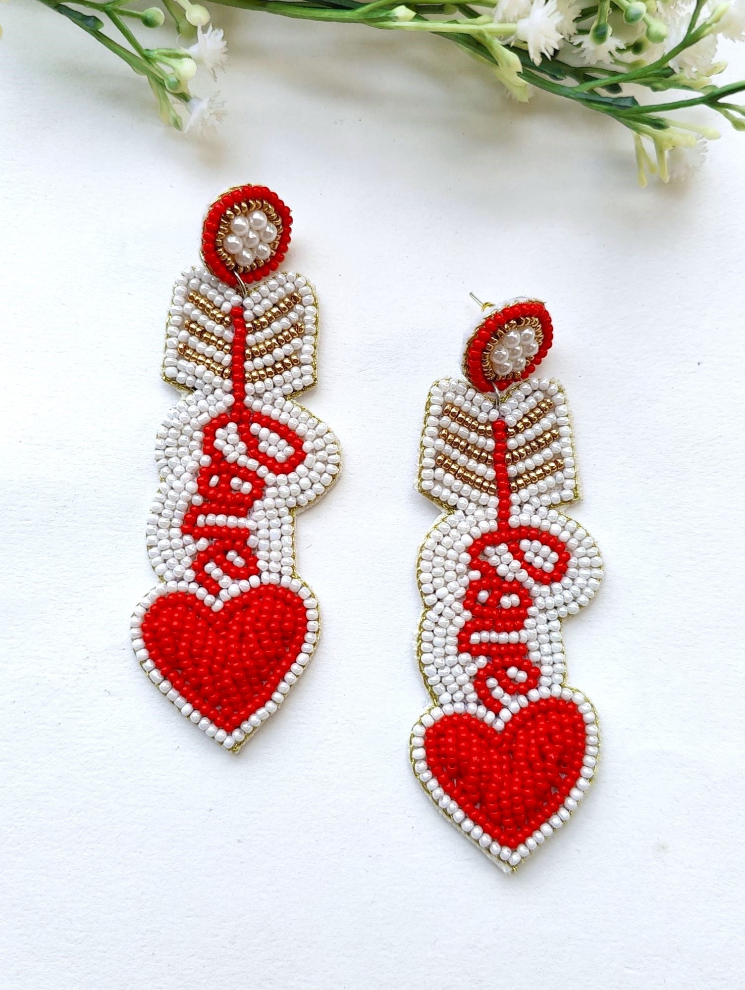 Handcrafted Cupid Hearts: Red & White Bohemian Stud Earrings for Valentine’s Day