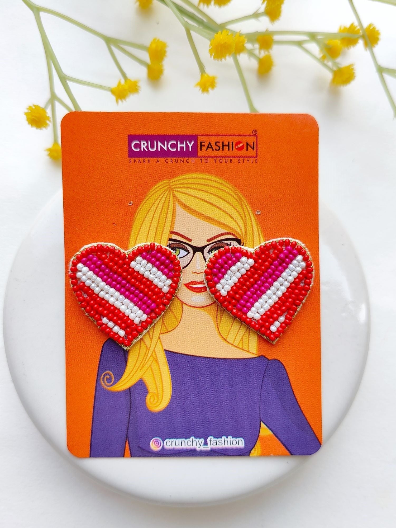 Quirky Heart Embroidered Studs: Red-White Beaded Earrings for Valentines Day