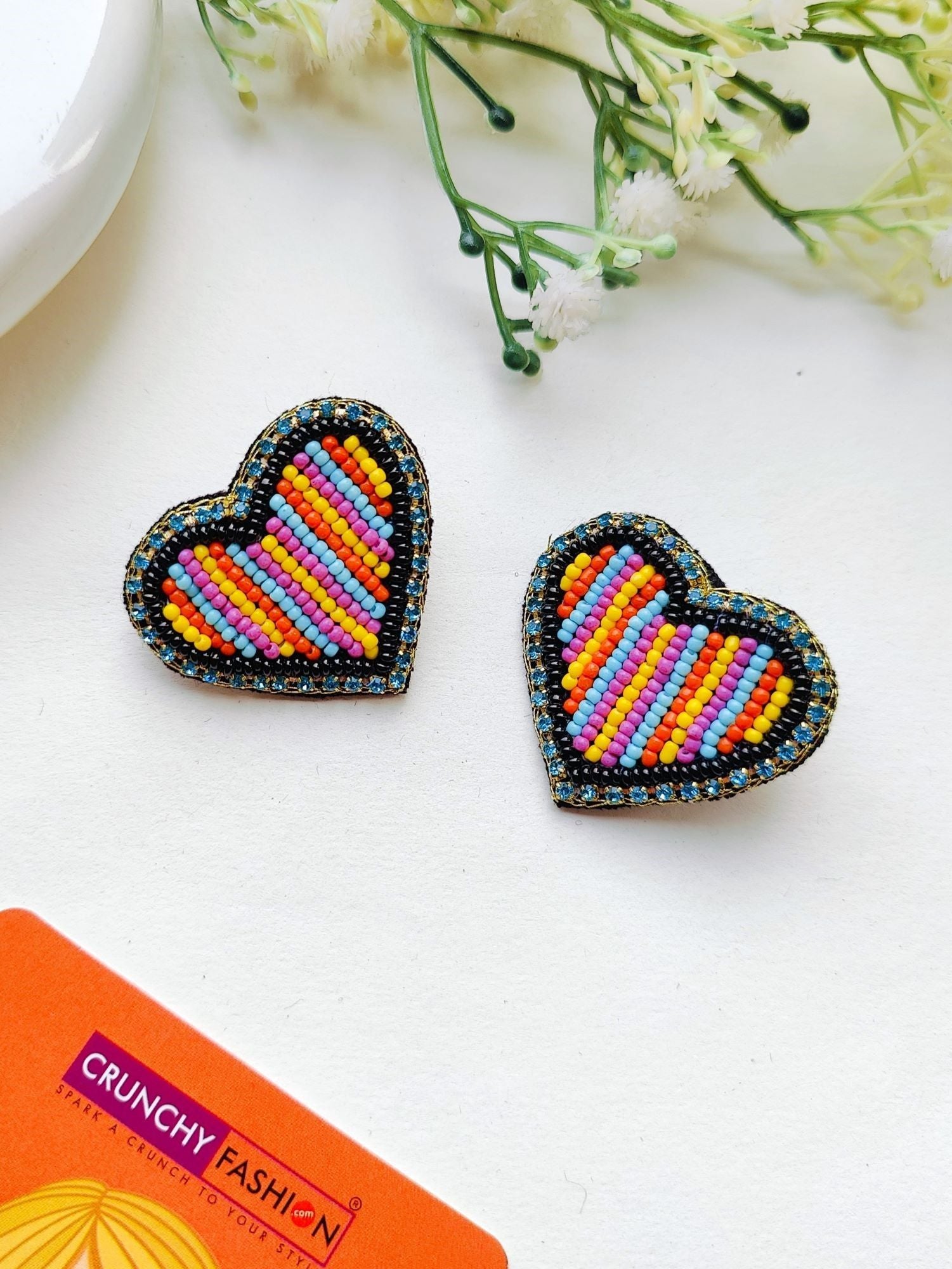 Multicolored Heart Delight: Handmade Beaded Stud Earrings for Women - Perfect Valentine's Day Gift