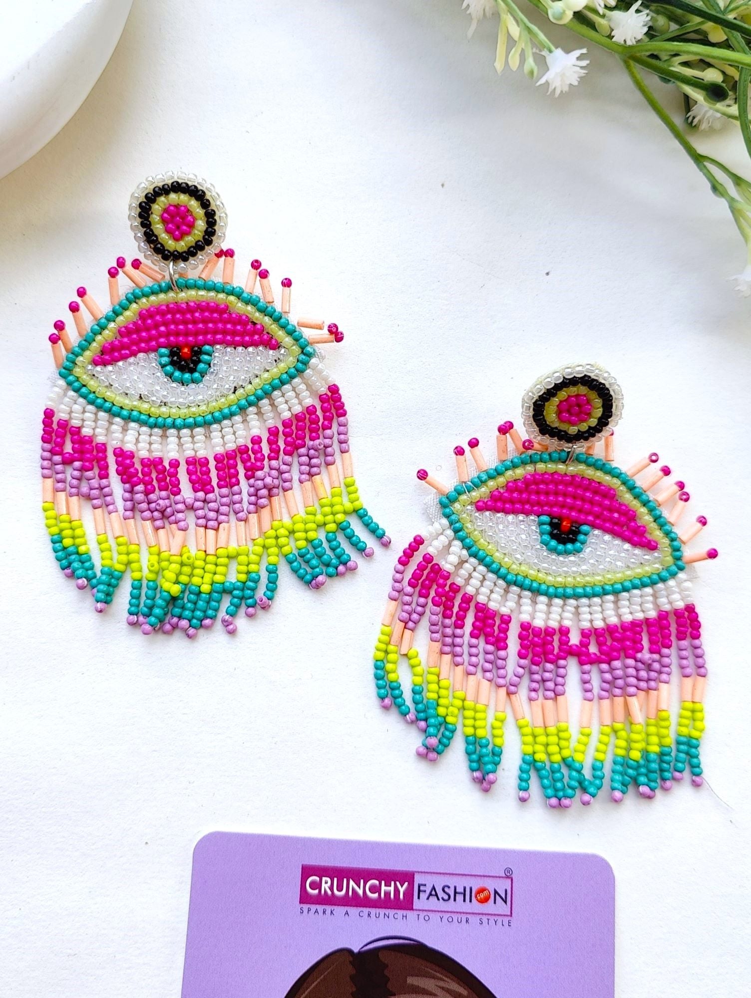 Dazzling Pink-White Handmade Evil-Eye Danglers for Women and Girls