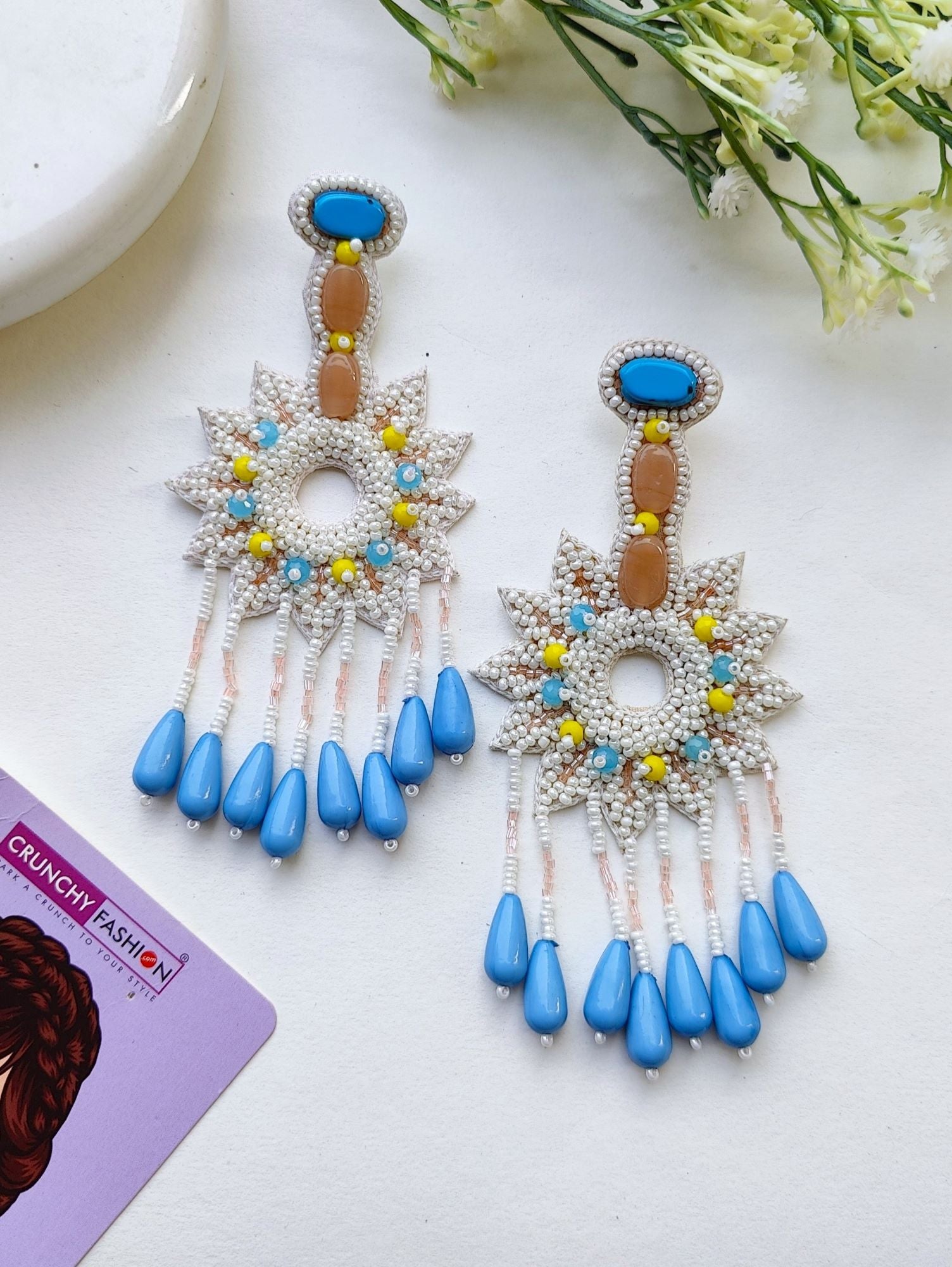 Handmade Sky Blue-White Beaded Earrings: A Statement of Whimsical Elegance