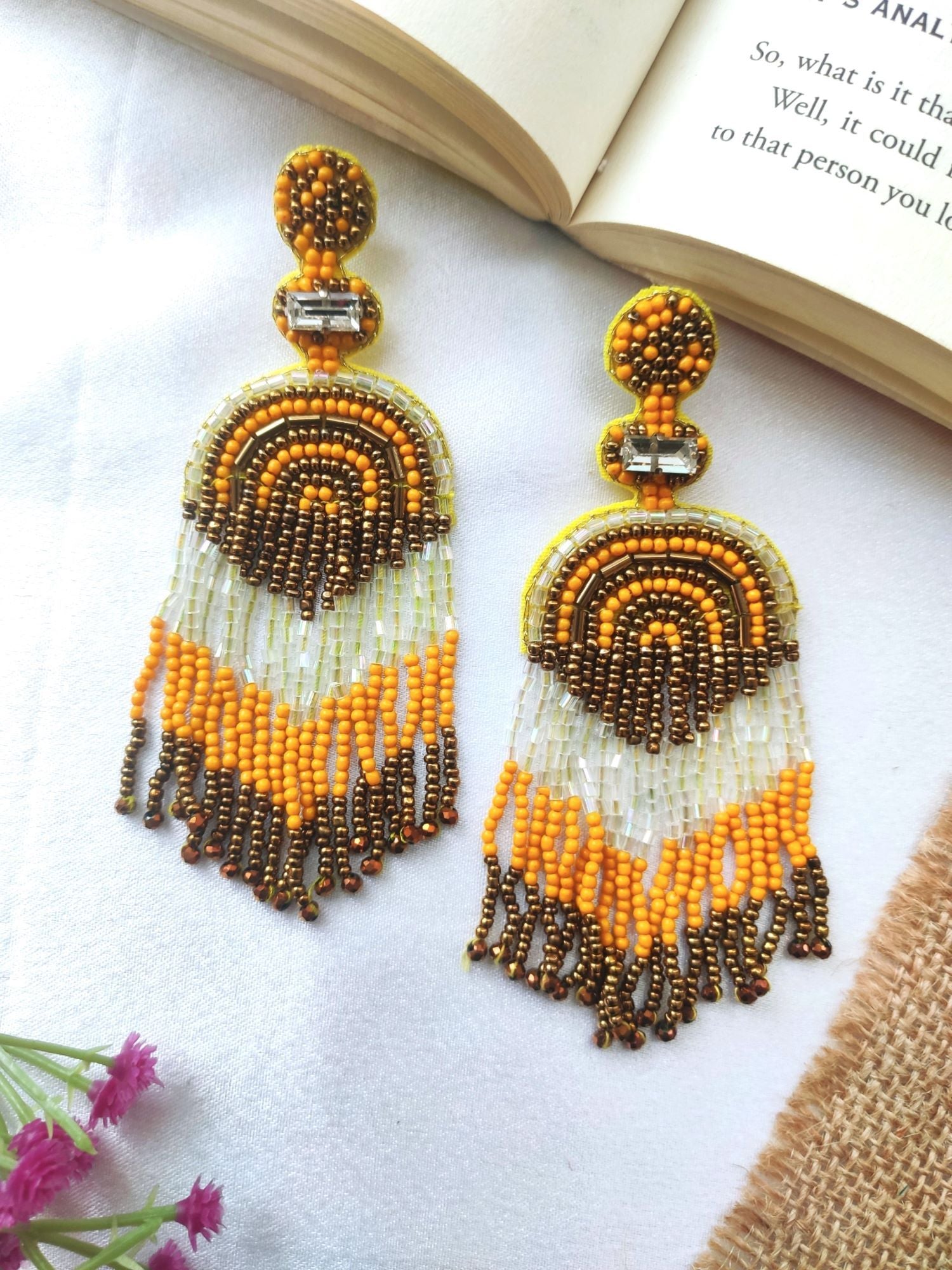Spring Radiance: Handmade Yellow-White Beaded Hoop Earrings for Fashion-forward Women