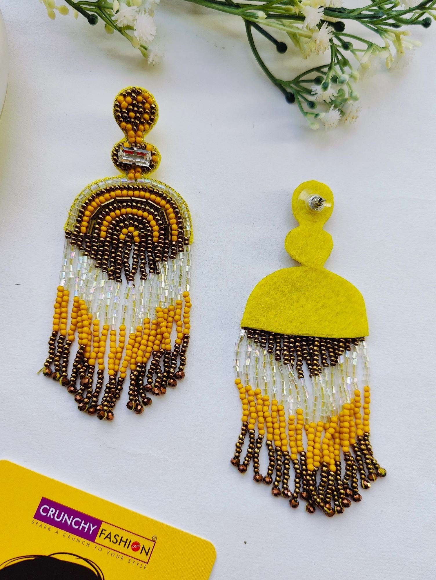 Spring Radiance: Handmade Yellow-White Beaded Hoop Earrings for Fashion-forward Women