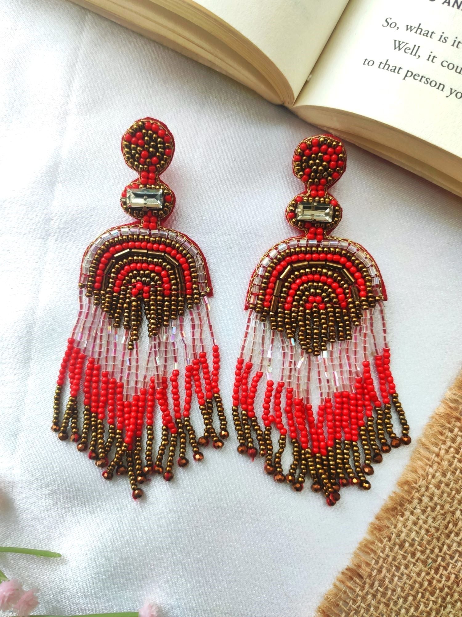 Enchanting Heart-Shaped Red-White Handmade Beaded Tassel Earrings for Vibrant Occasions
