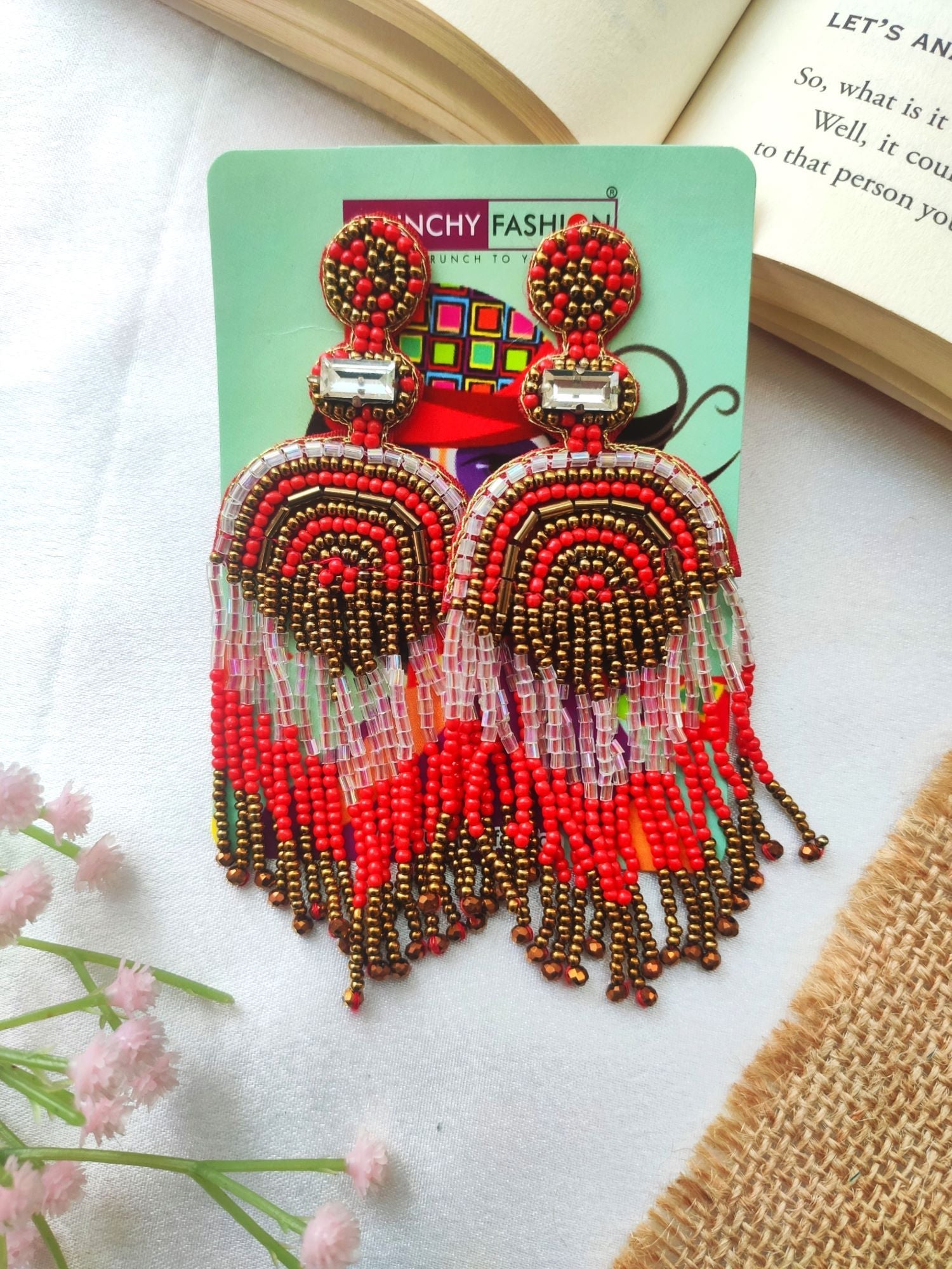 Enchanting Heart-Shaped Red-White Handmade Beaded Tassel Earrings for Vibrant Occasions