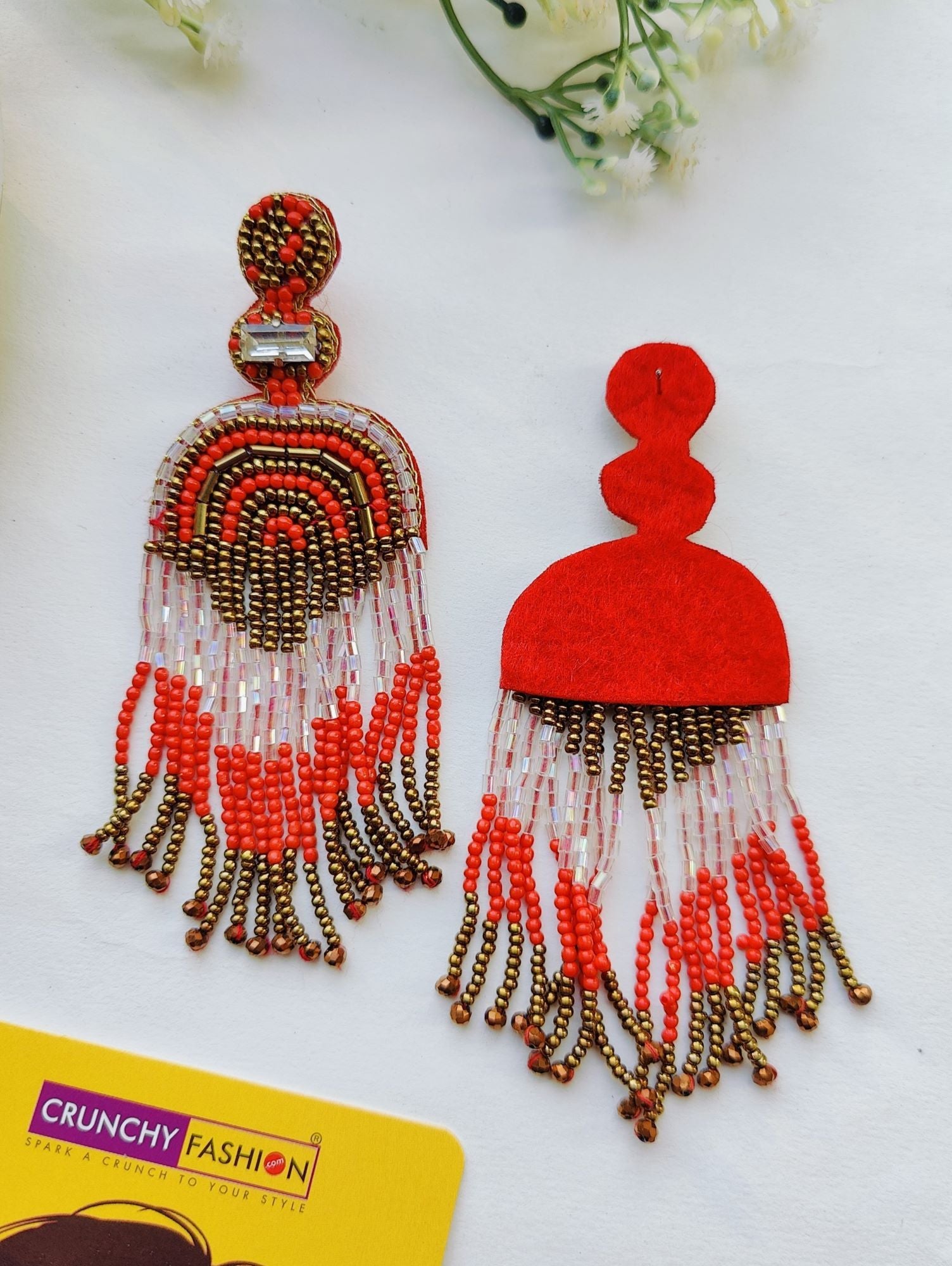 Enchanting Heart-Shaped Red-White Handmade Beaded Tassel Earrings for Vibrant Occasions