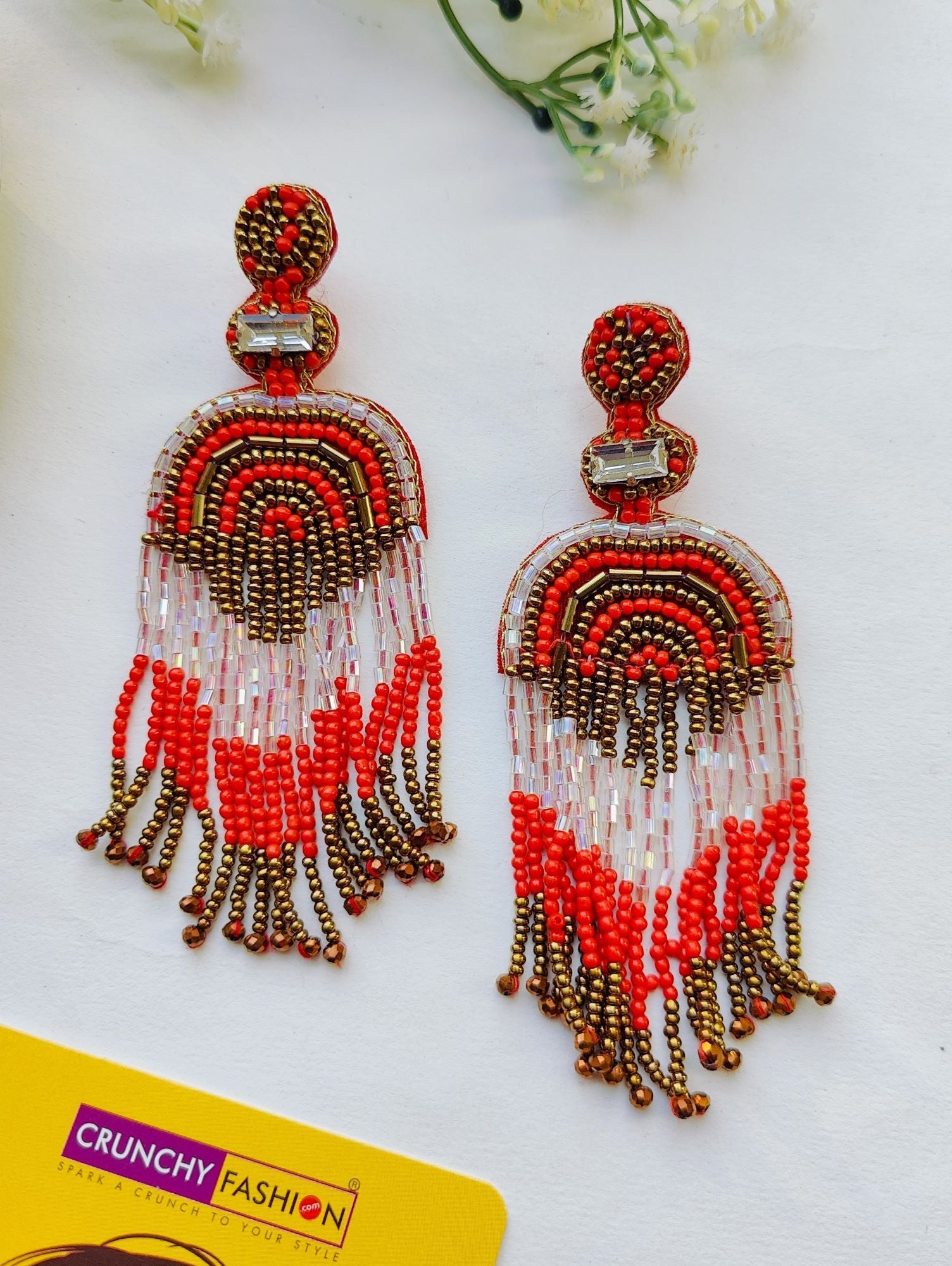 Enchanting Heart-Shaped Red-White Handmade Beaded Tassel Earrings for Vibrant Occasions