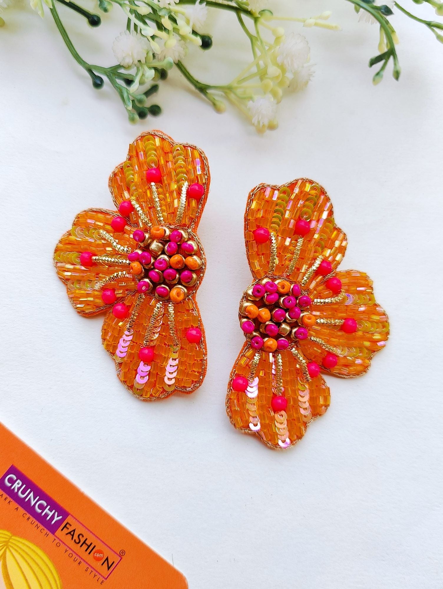 Sunny Bloom - Handmade Orange Floral Beaded Earrings for Women,Girls