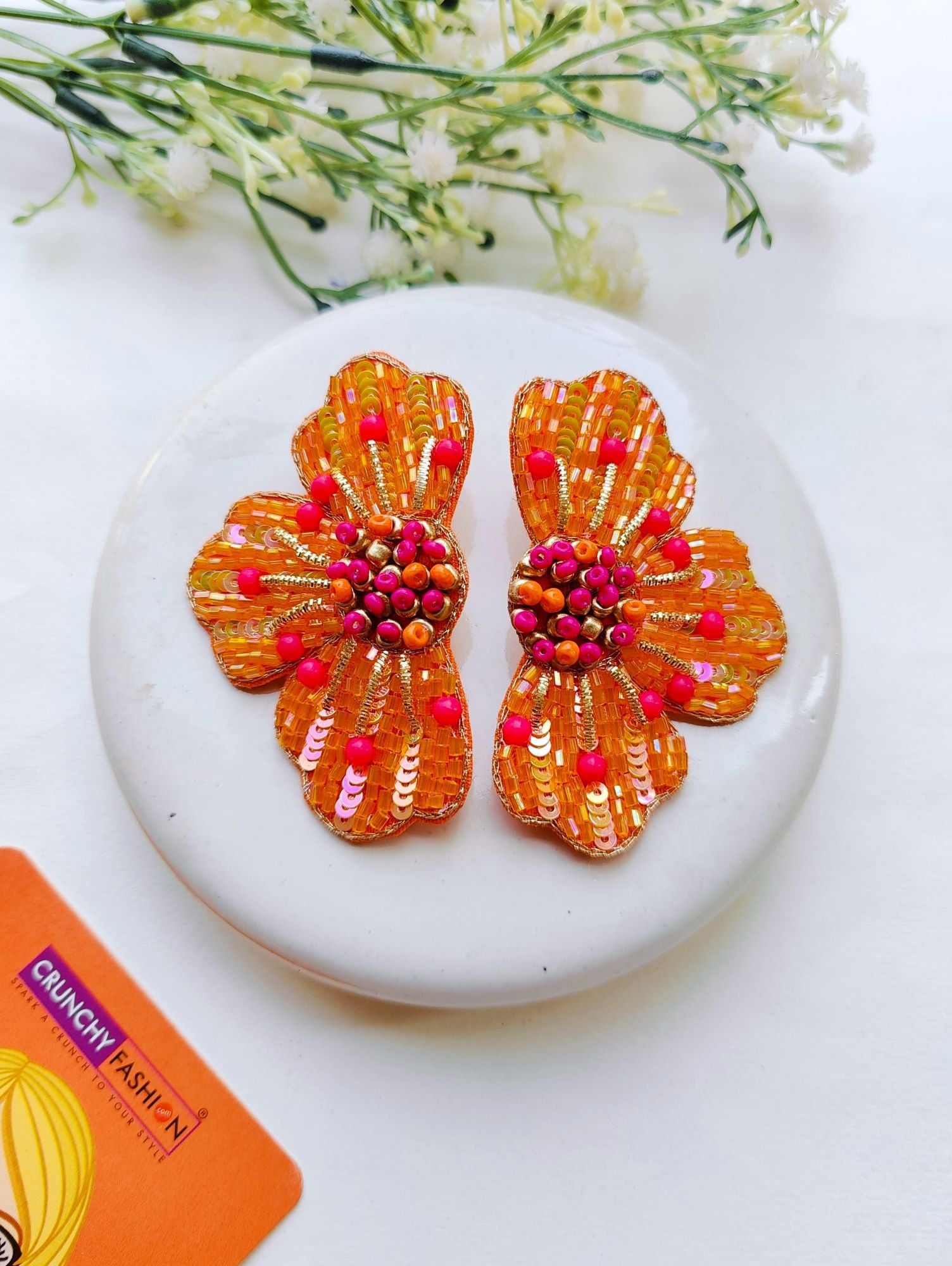 Sunny Bloom - Handmade Orange Floral Beaded Earrings for Women,Girls