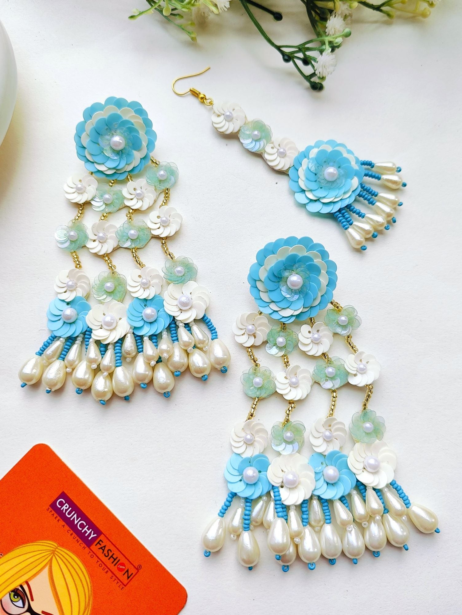 Handcrafted Blue-White Beaded Earrings & Tikka Set: Antique Design for Weddings & Parties