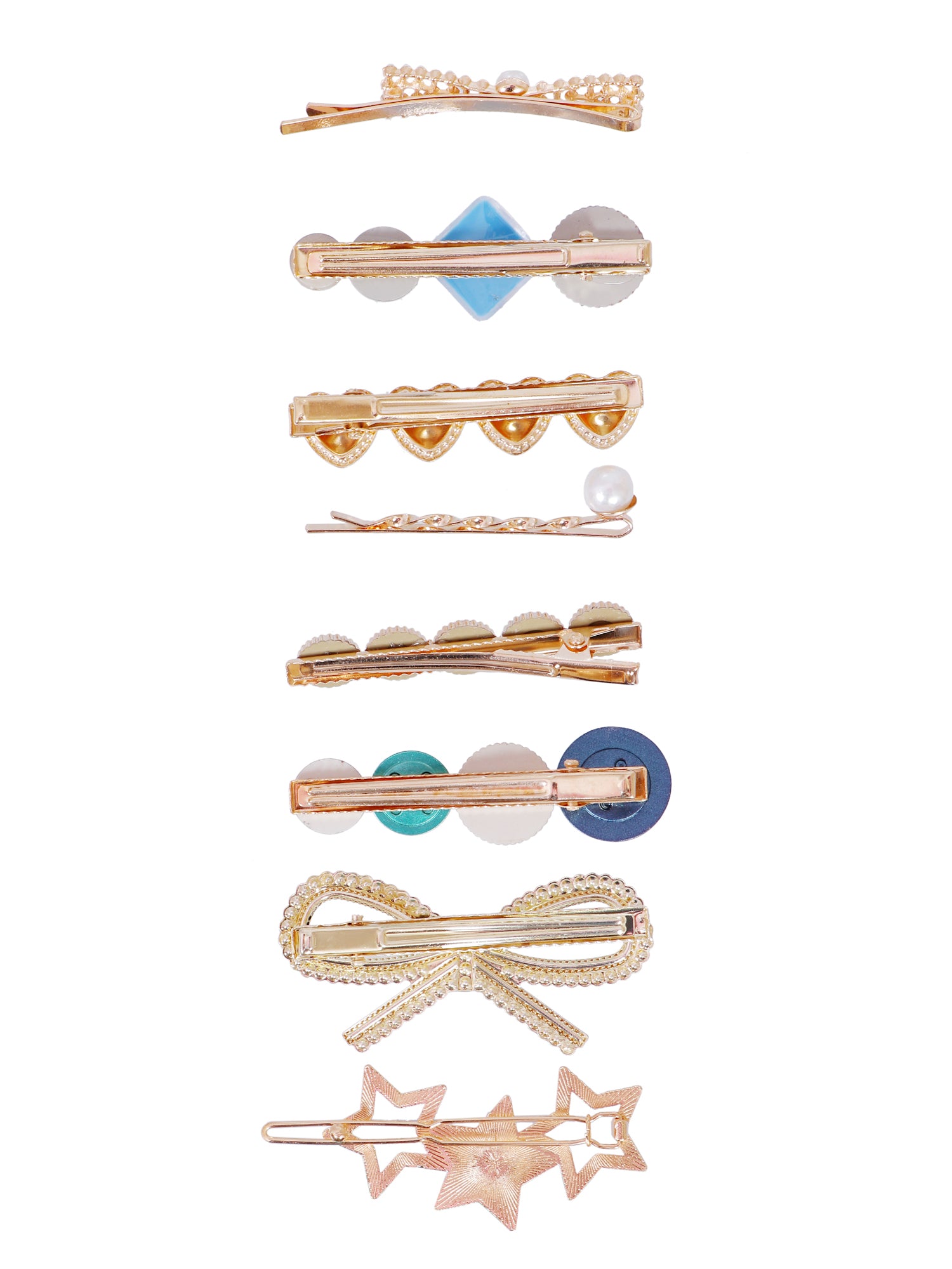 Starry Night Hairpins -Multi Color Gold Toned Stone & Pearl Hair Clips for Girls -Pack of 8