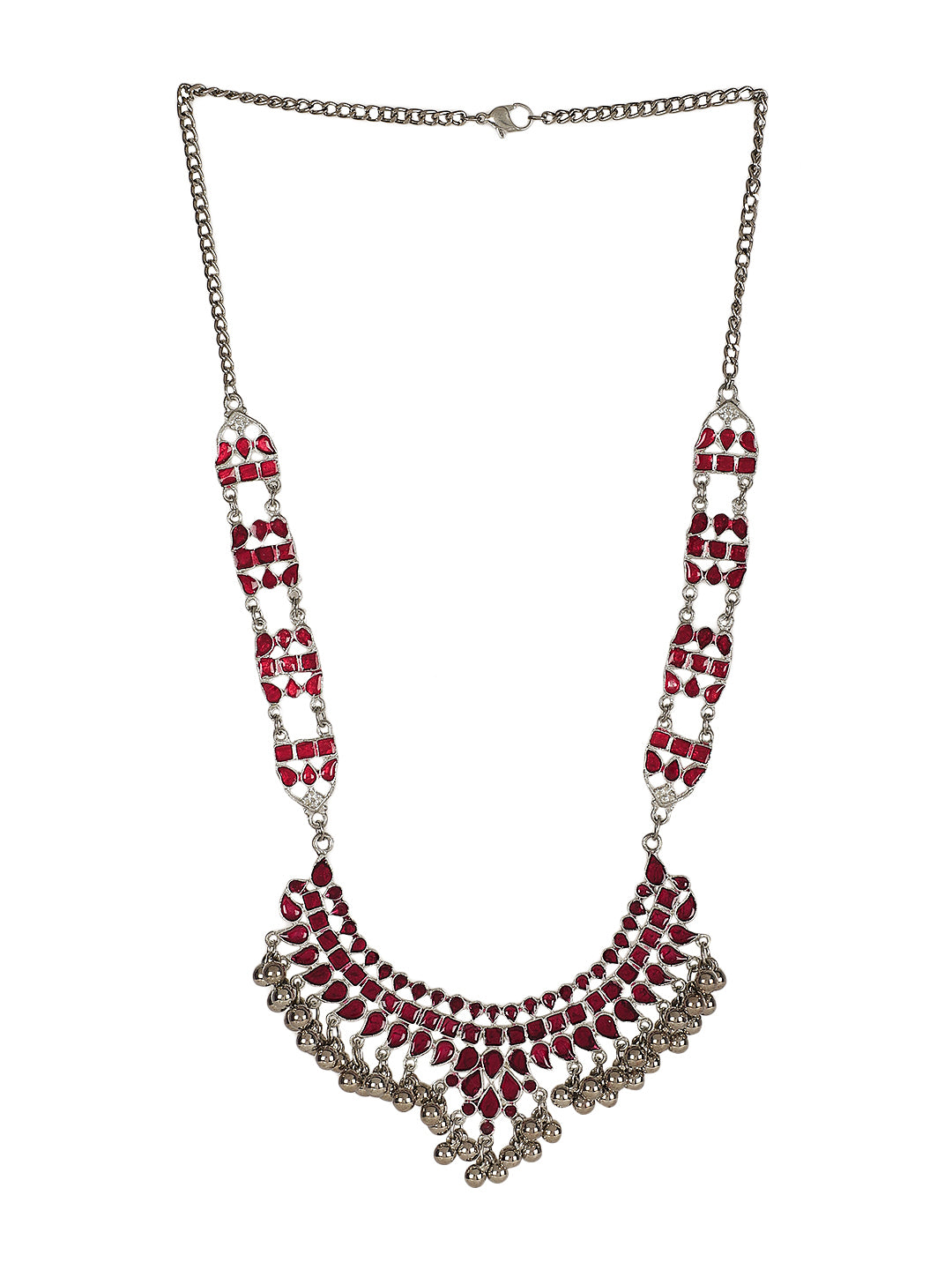 Chic Oxidized Silver Necklace Ensemble for Women in Radiant Red