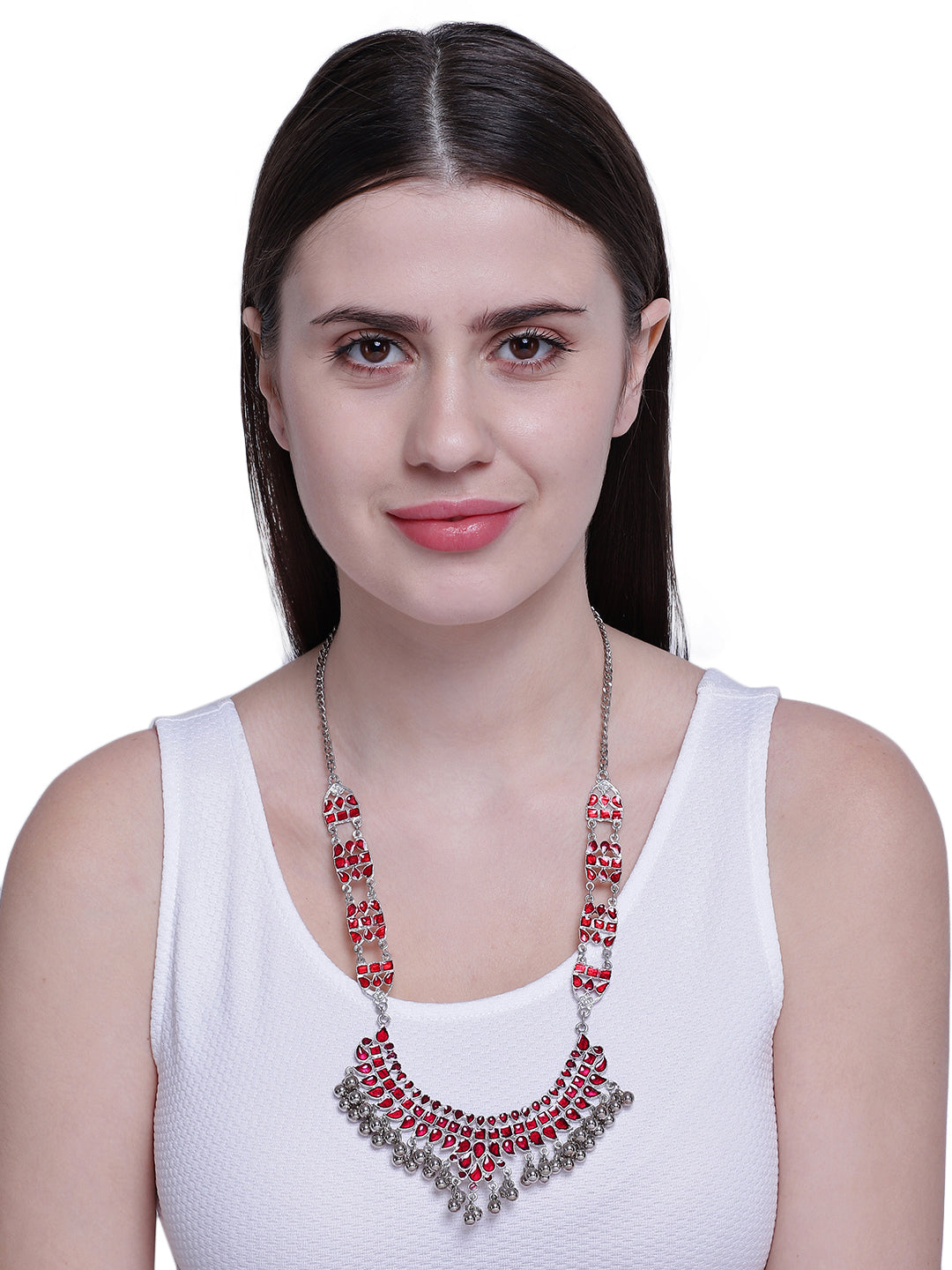 Chic Oxidized Silver Necklace Ensemble for Women in Radiant Red