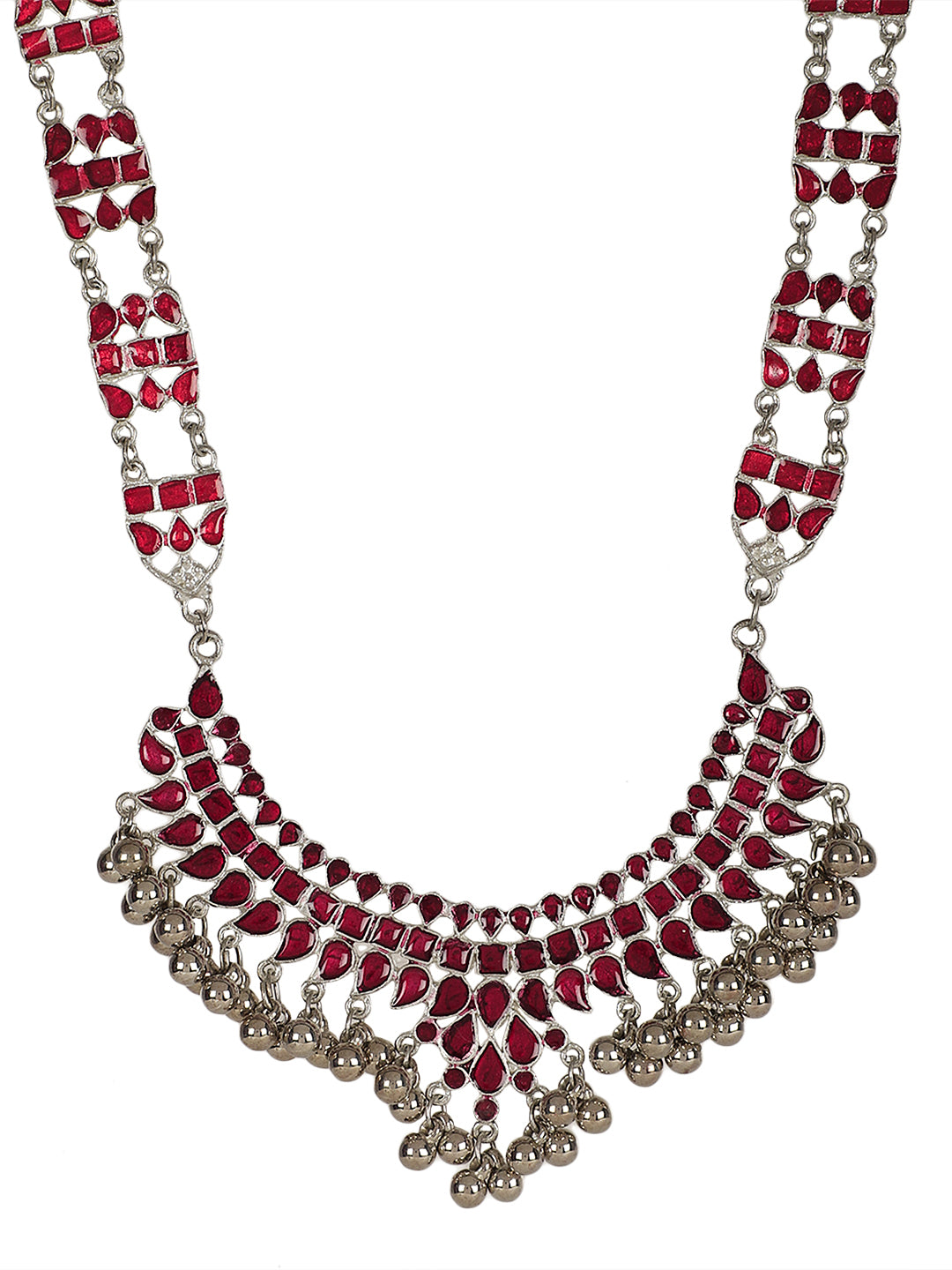 Chic Oxidized Silver Necklace Ensemble for Women in Radiant Red