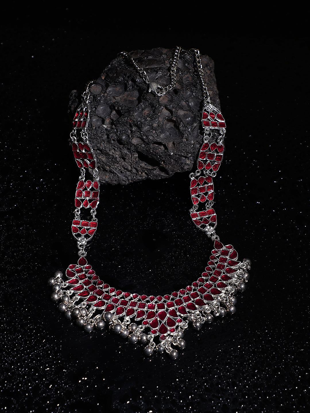 Chic Oxidized Silver Necklace Ensemble for Women in Radiant Red