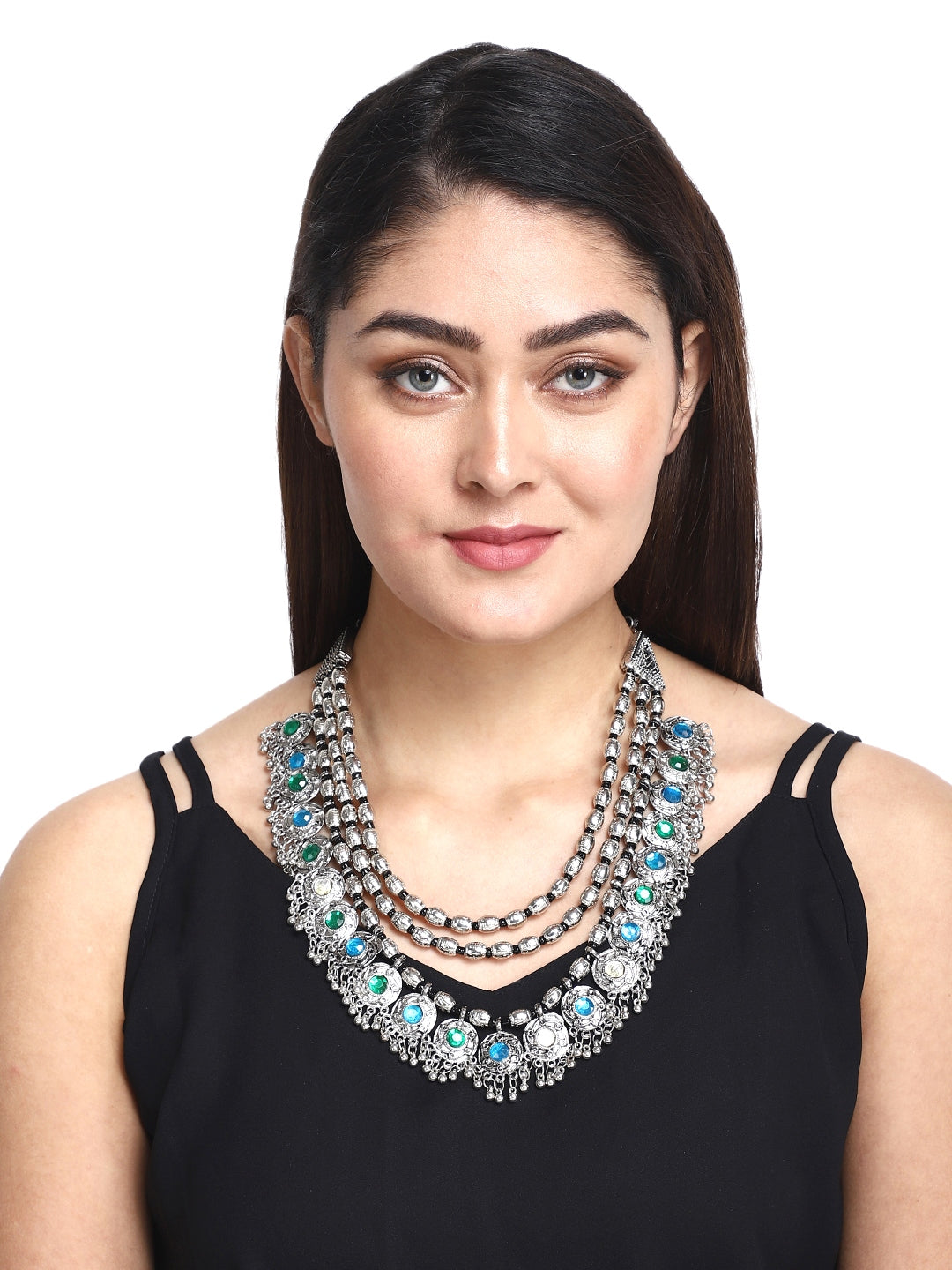 Oxidised Silver Glamour: Multilayer Statement Necklace & Earring Set for Modern Fashion