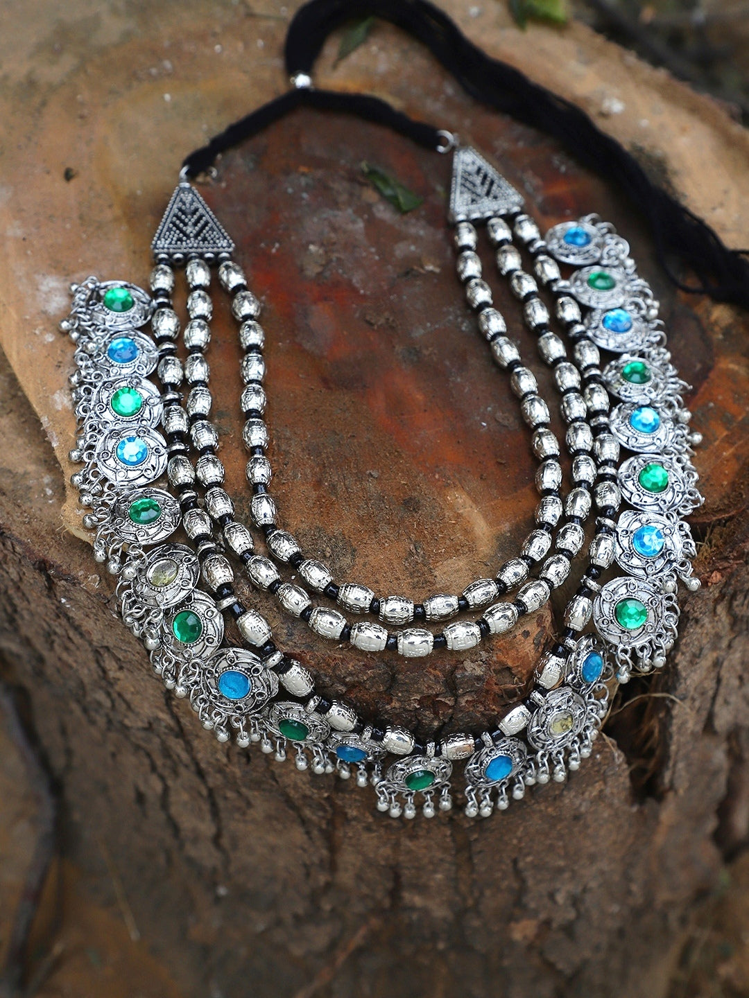 Oxidised Silver Glamour: Multilayer Statement Necklace & Earring Set for Modern Fashion
