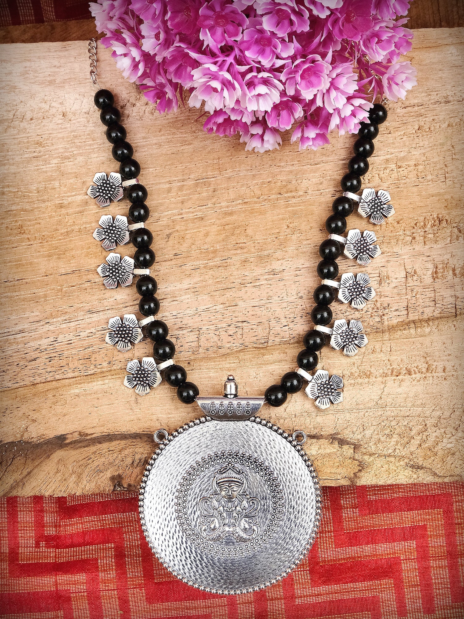Beaded Black Pearls Necklace in Oxidized German Silver