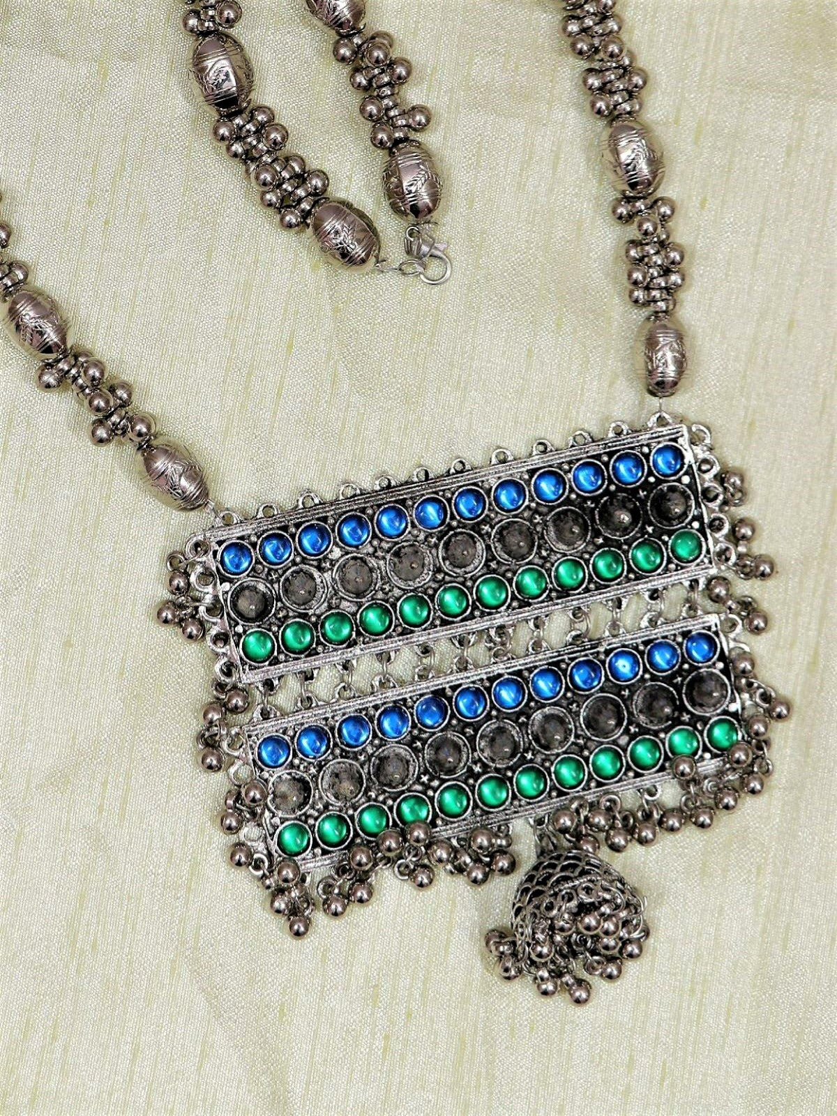 Oxidized German Silver Chain Necklace in Vibrant Blue Green Colors