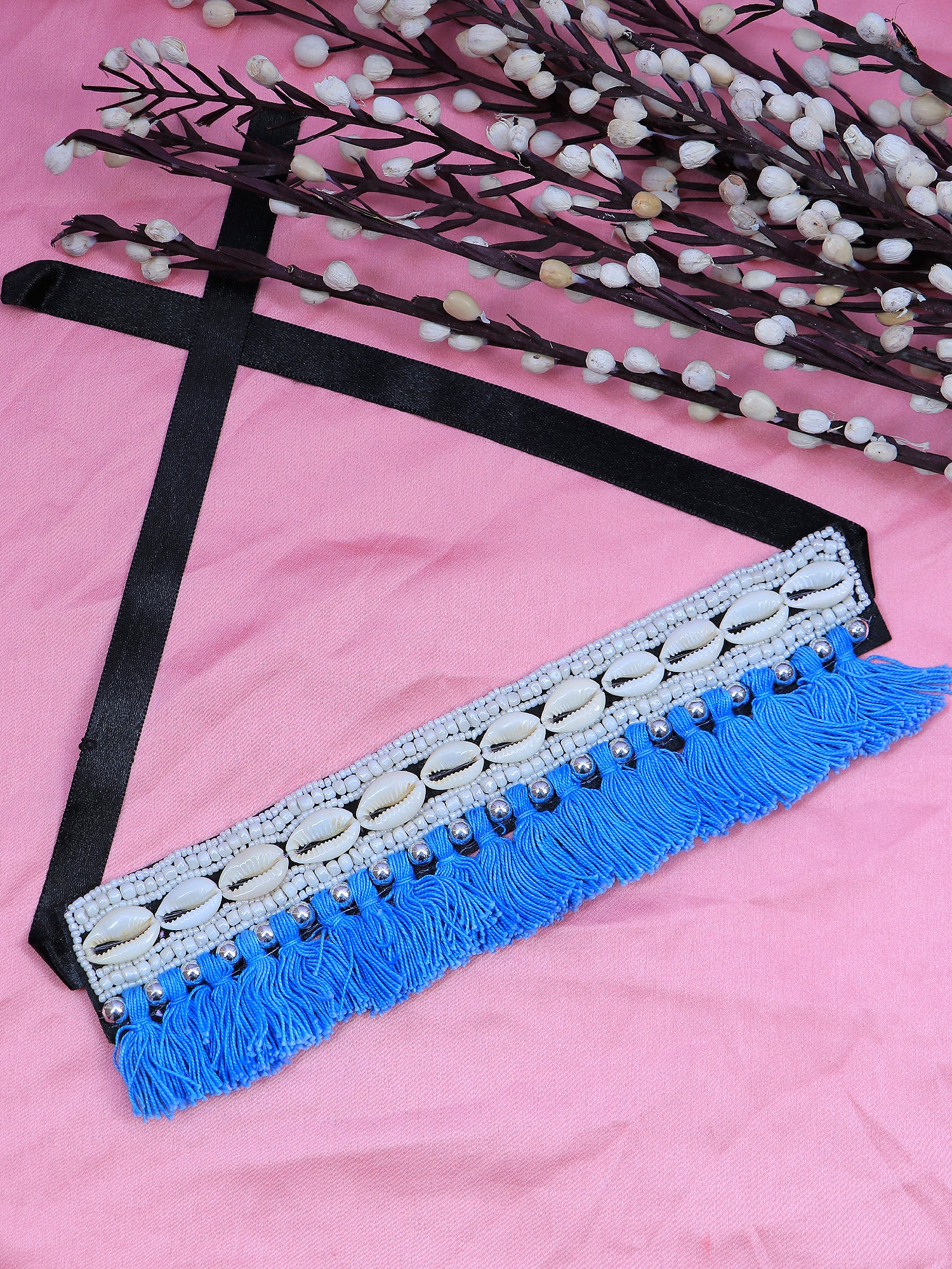 Crunchy Fashion Handcrafted White & Blue Boho Studded Beaded Jewellery Set CFN0905