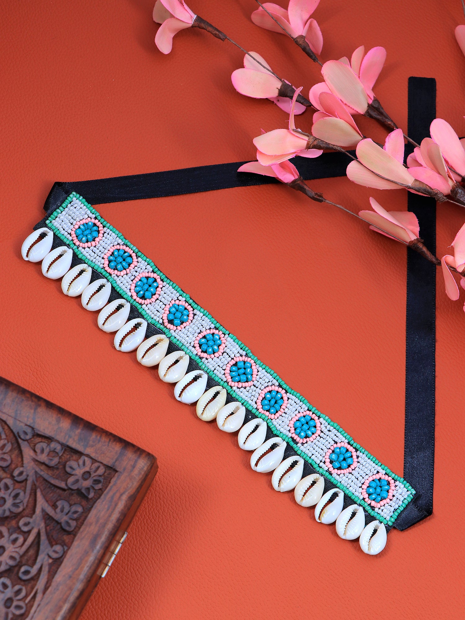 Crunchy Fashion Handcrafted White & Blue Boho Studded Beaded Jewellery Set CFN0905