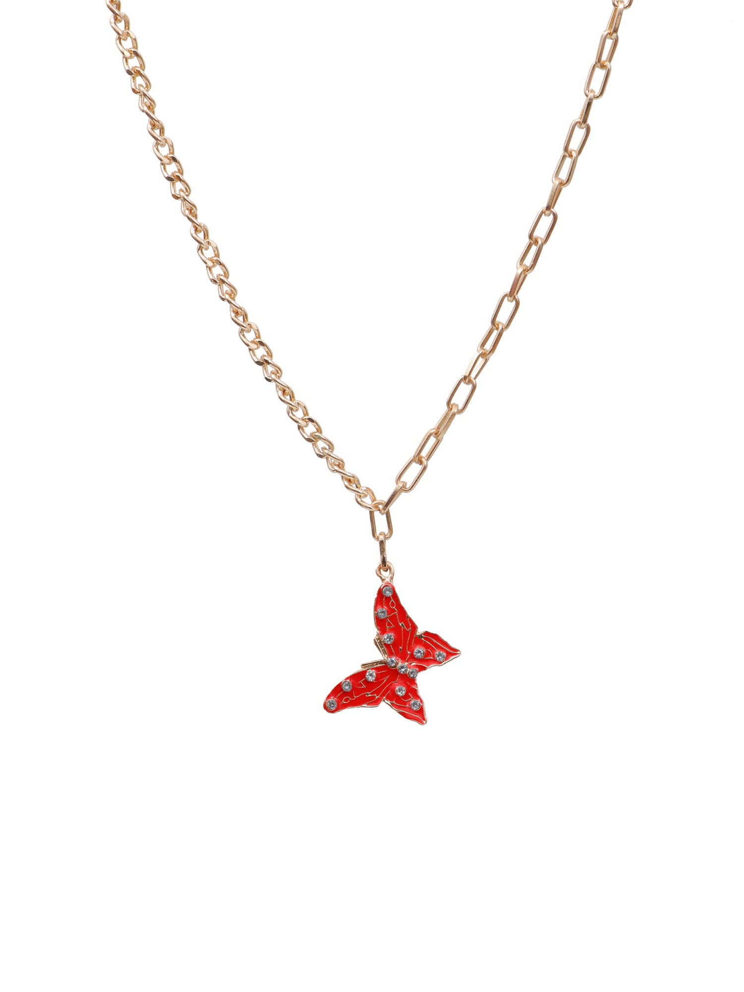 Crystal Studded Enamel Butterfly Pendant Necklace