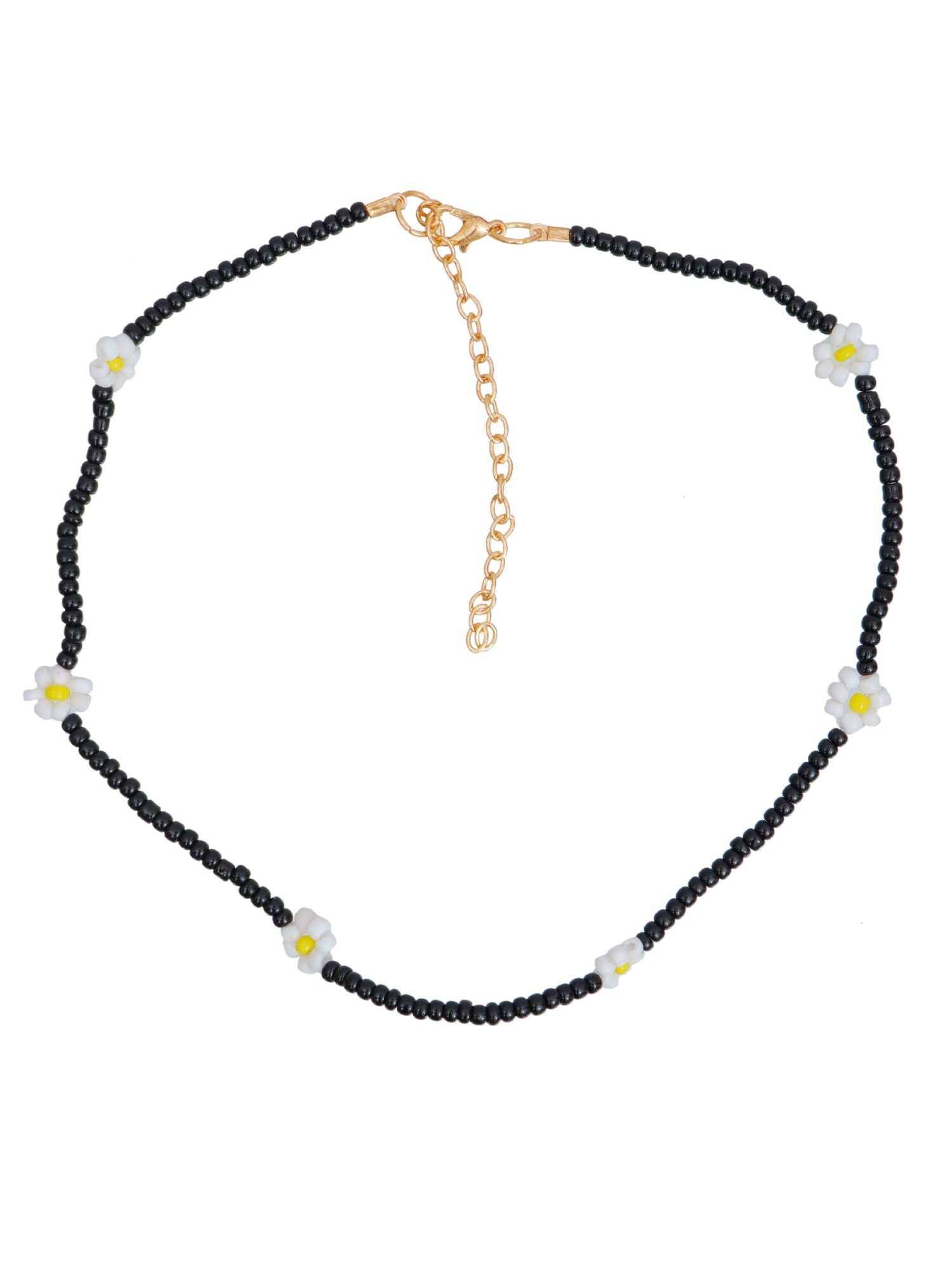 Daisy Flower Pattern Black Beaded Choker Necklace for Women Girls