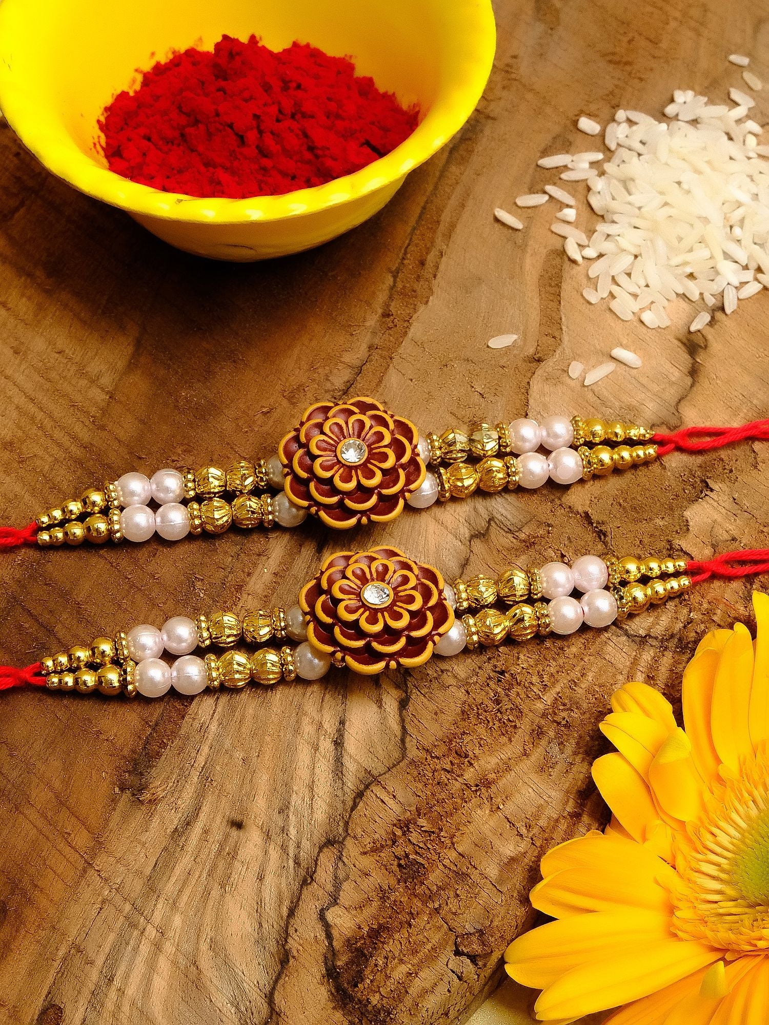 Floral Rakhi Duo for Brothers: Elegant Beaded Design