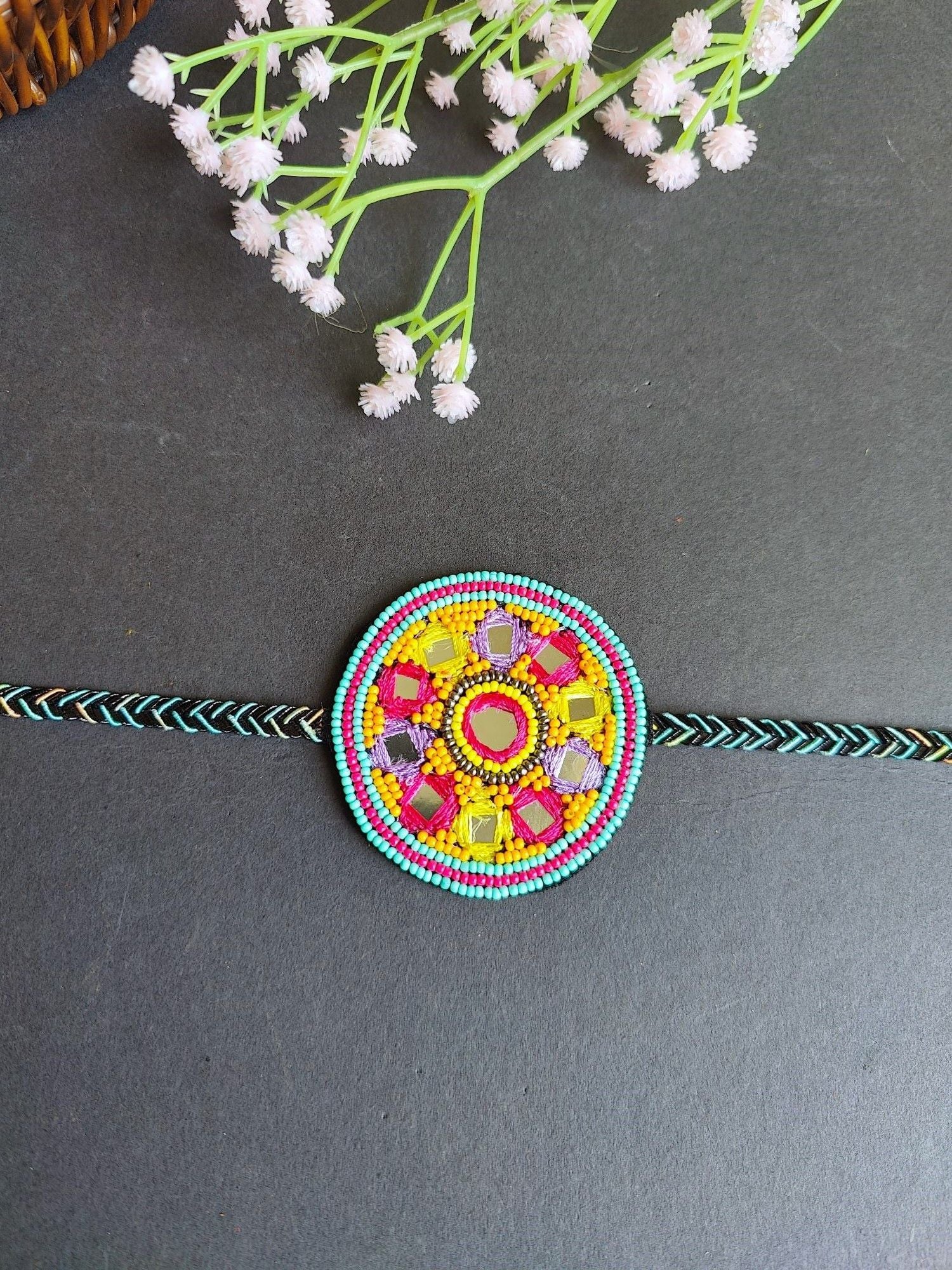 Handcrafted Multi-Color Mirror Beaded Rakhi Gift 2025