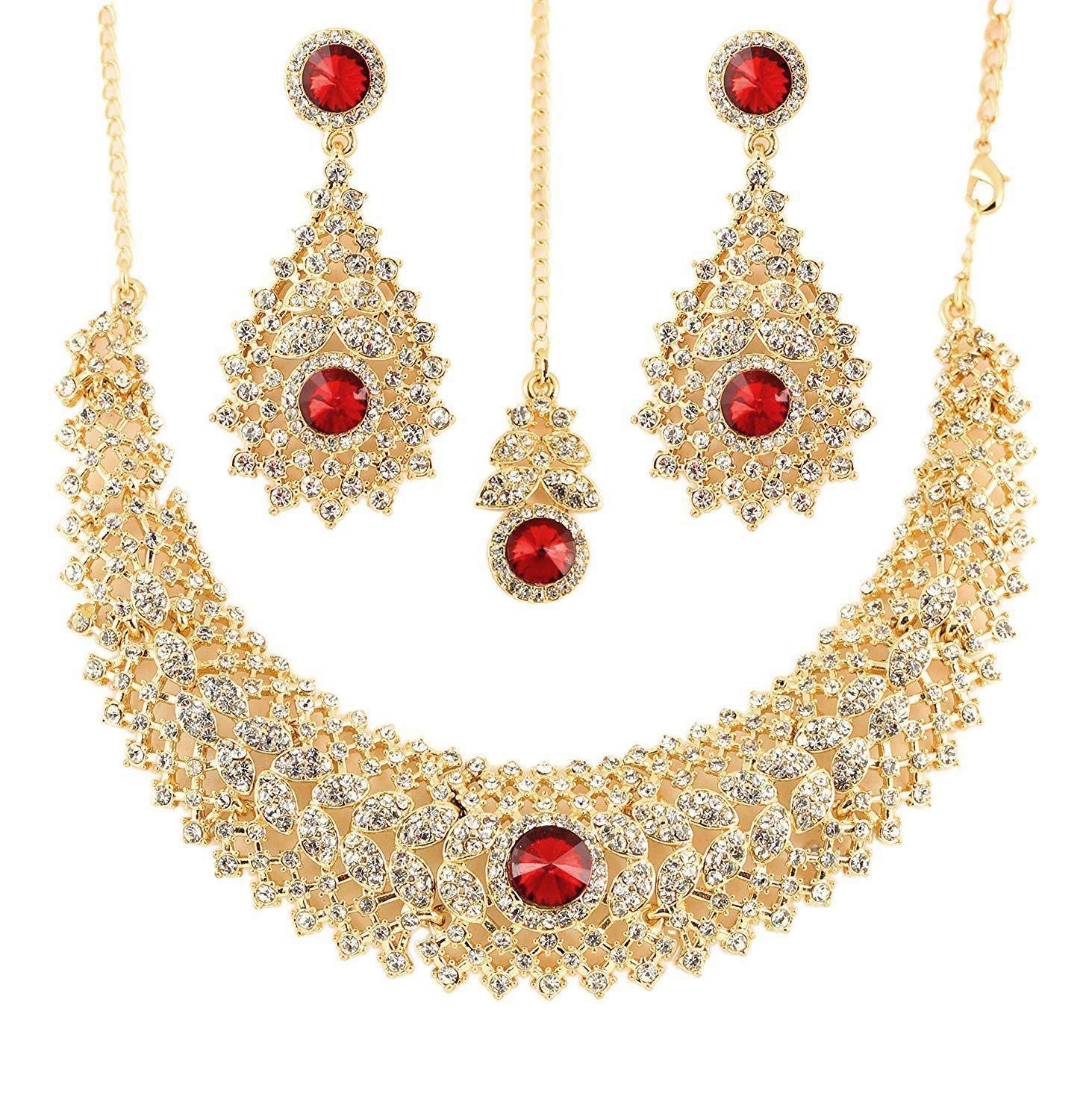 Gold Plated Red Crystal Necklace & Earring Maangtika Set