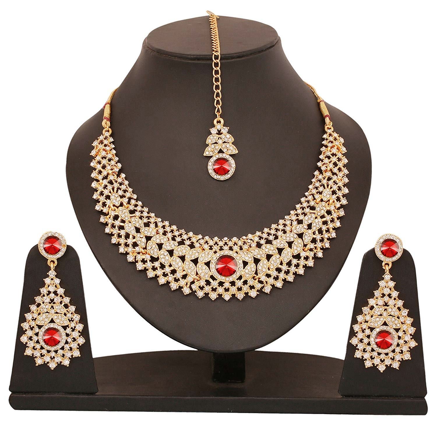 Gold Plated Red Crystal Necklace & Earring Maangtika Set