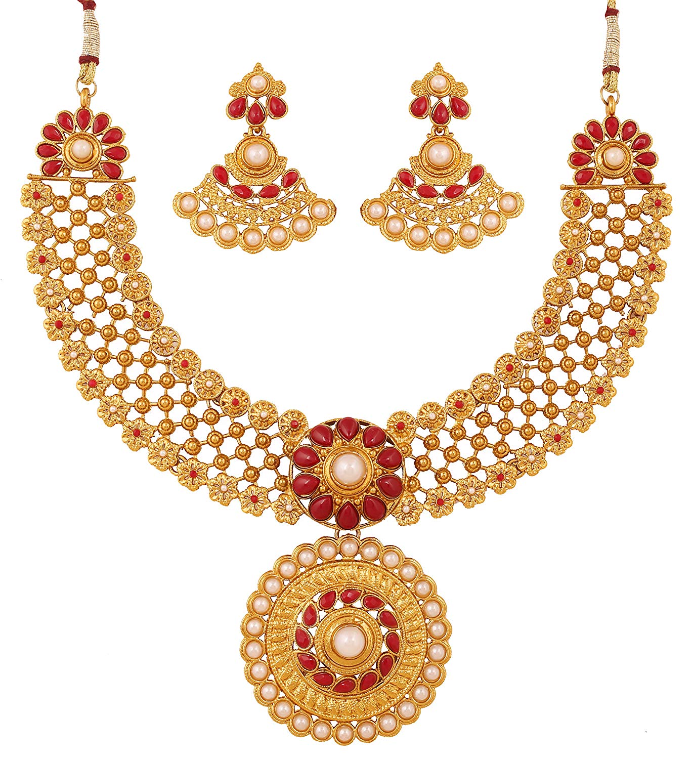 Gold Plated Red Crystal Necklace & Earring Maangtika Set