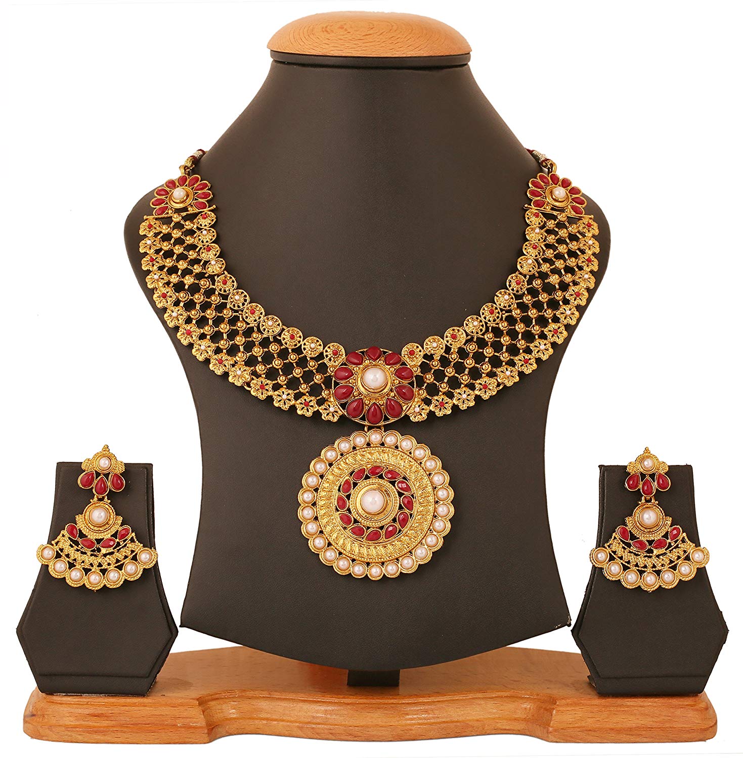 Gold Plated Red Crystal Necklace & Earring Maangtika Set