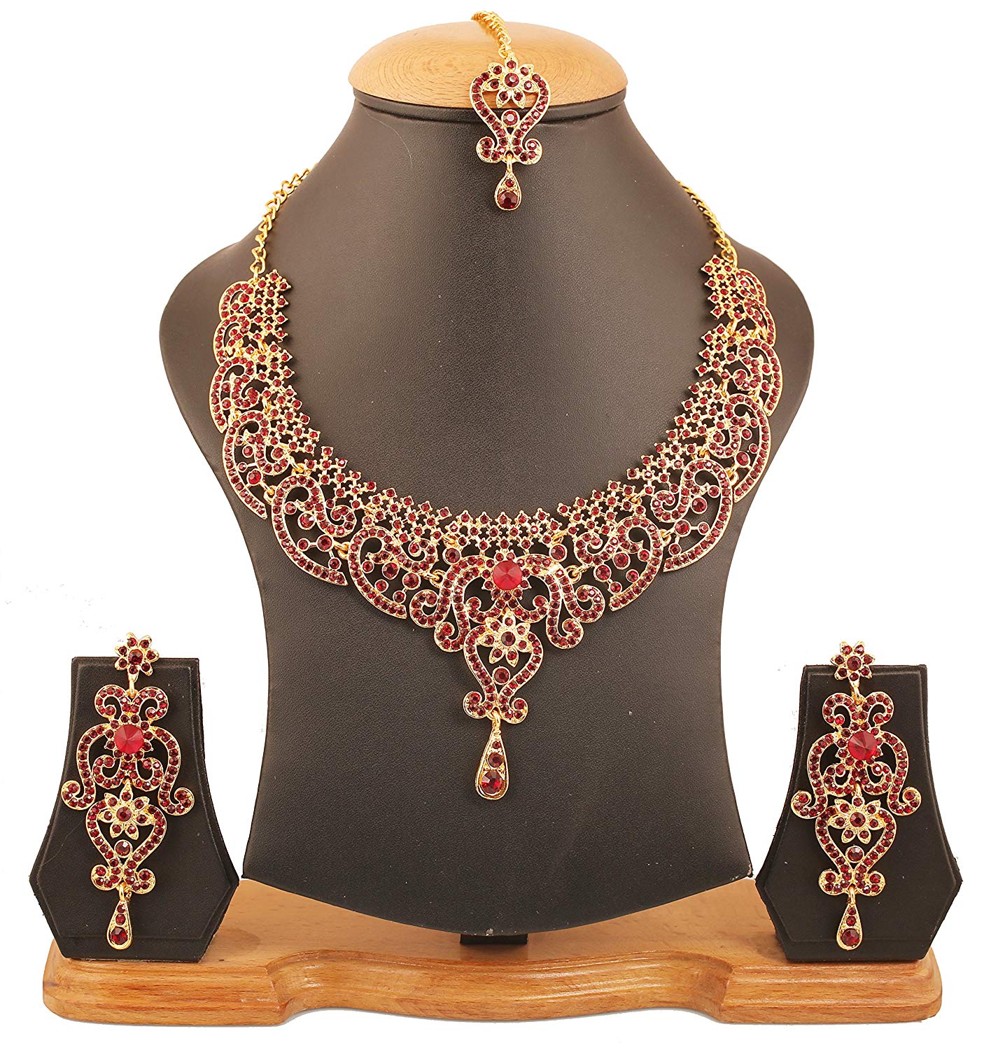 Gold Plated Red Crystal Necklace & Earring Maangtika Set