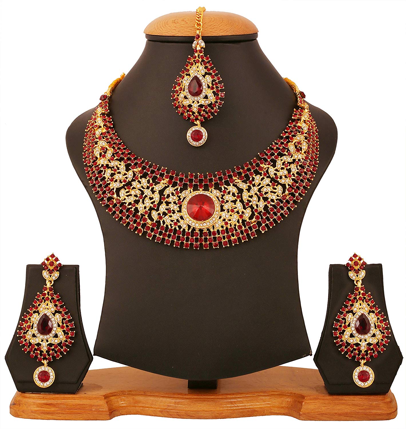 Gold Plated Red Crystal Necklace & Earring Maangtika Set