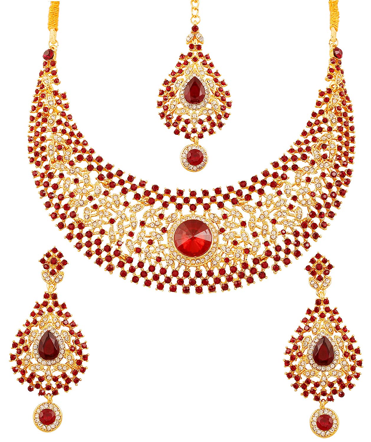 Gold Plated Red Crystal Necklace & Earring Maangtika Set